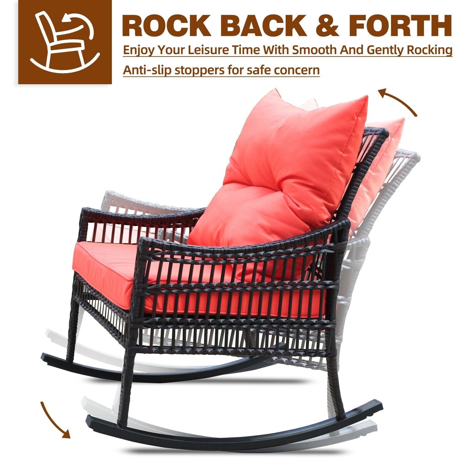 Ensemble de 3 chaises à bascule et table basse en rotin pour patio extérieur VEIKOUS avec coussins et oreillers
