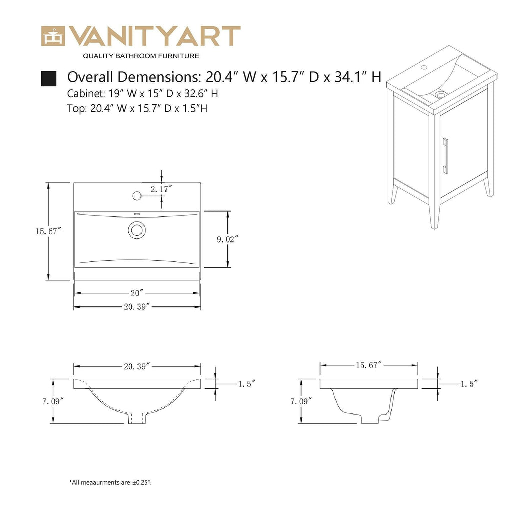 Meuble-lavabo simple Vanity Art 20, 24 ou 30 avec dessus en céramique