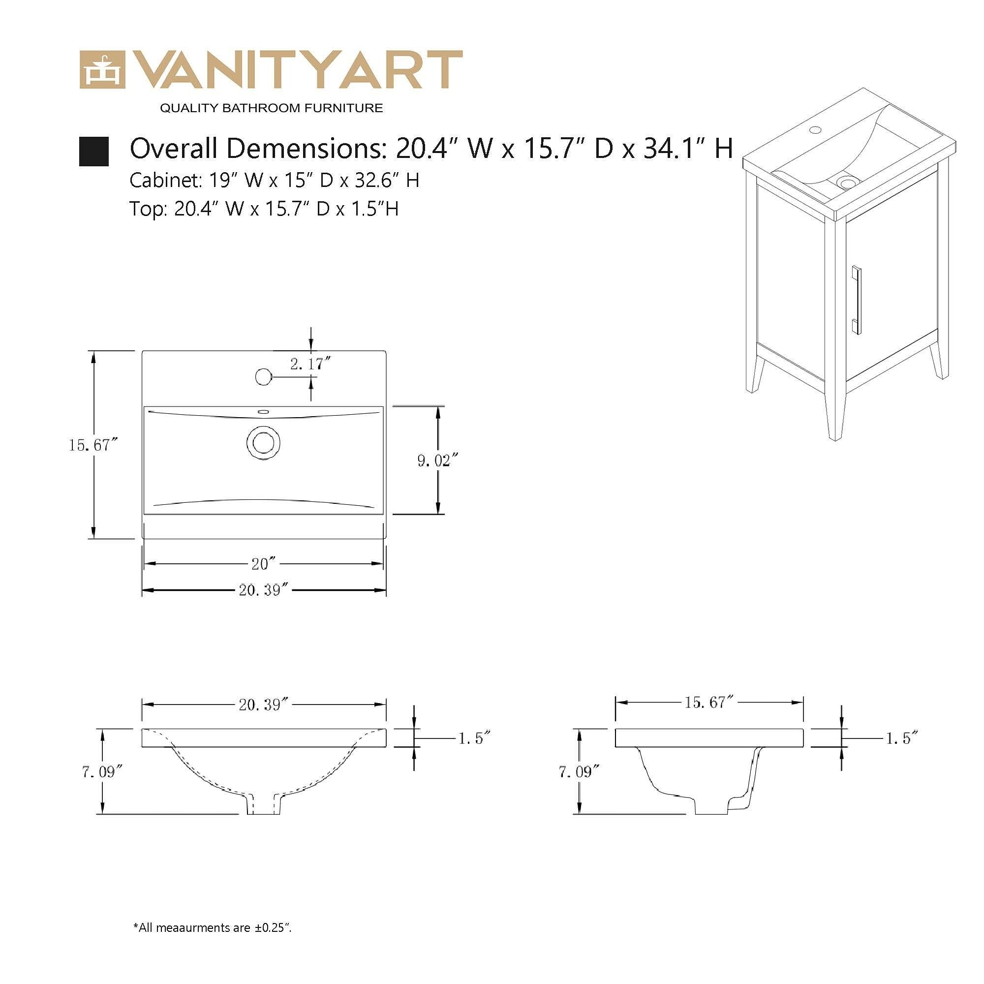 Meuble-lavabo simple Vanity Art 20, 24 ou 30 avec dessus en céramique