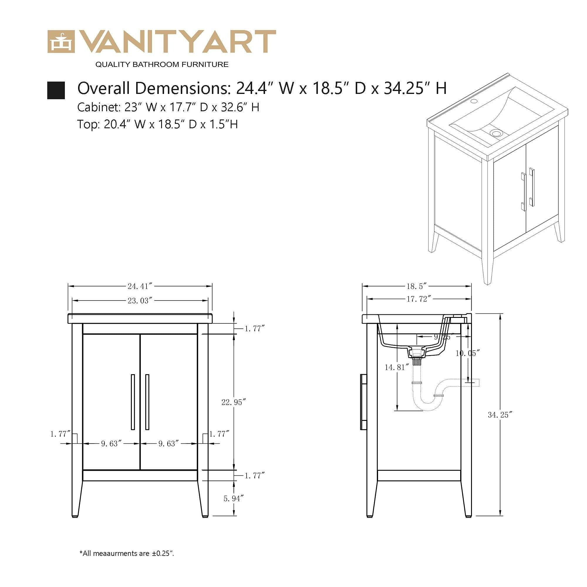 Meuble-lavabo simple Vanity Art 20, 24 ou 30 avec dessus en céramique