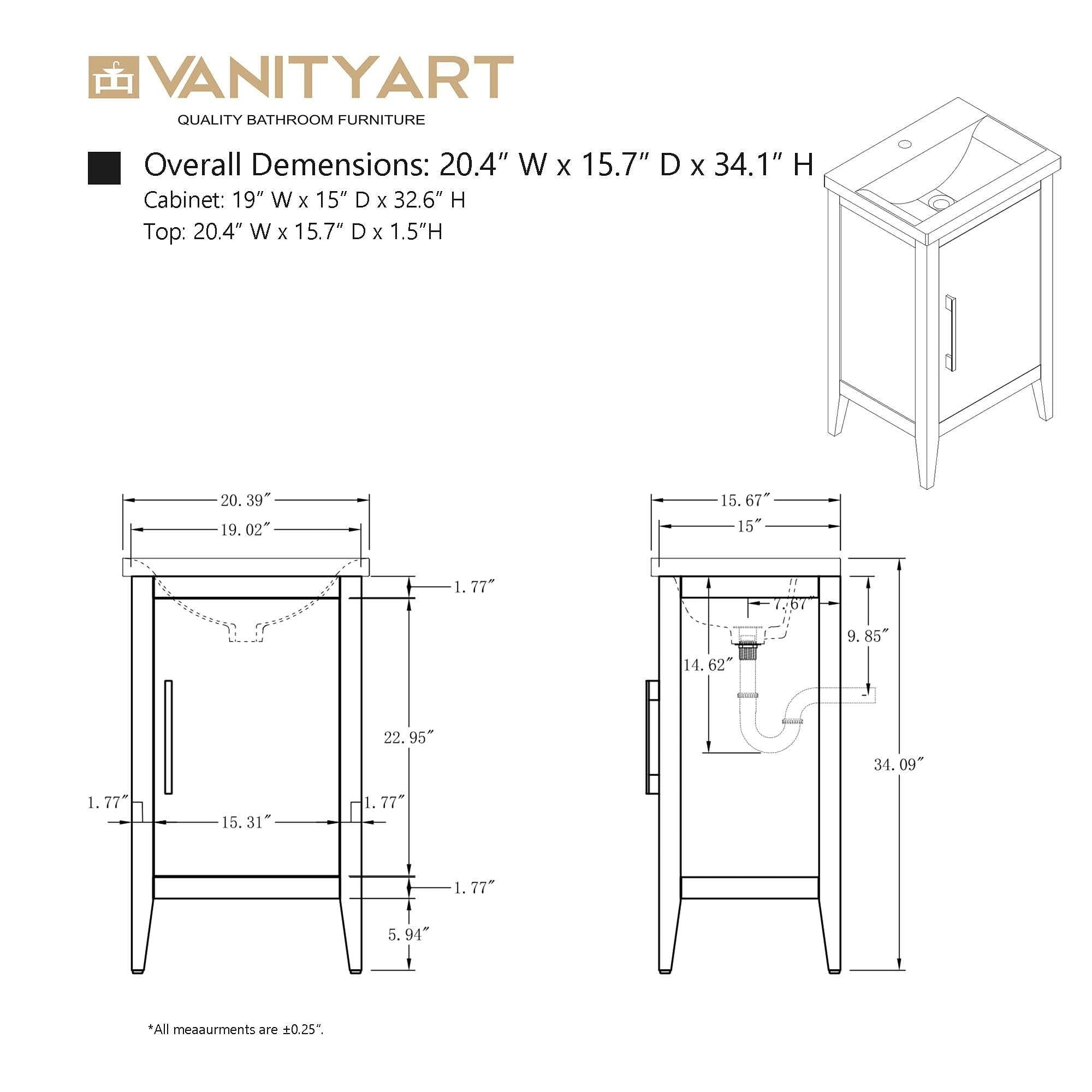 Meuble-lavabo simple Vanity Art 20, 24 ou 30 avec dessus en céramique