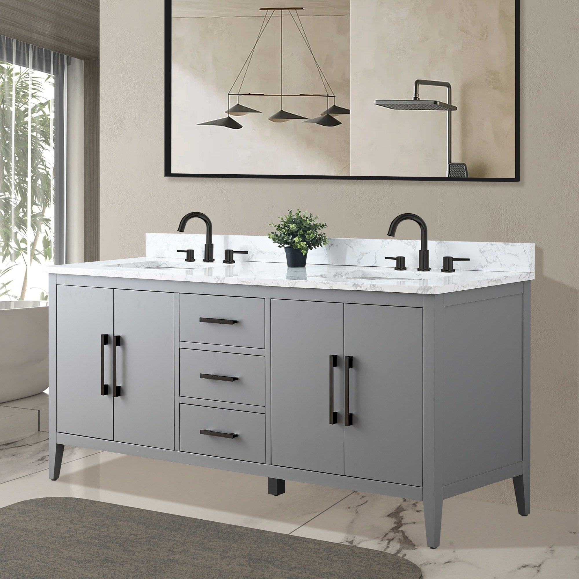 Meuble-lavabo double vasque Vanity Art 72 avec dessus en marbre reconstitué