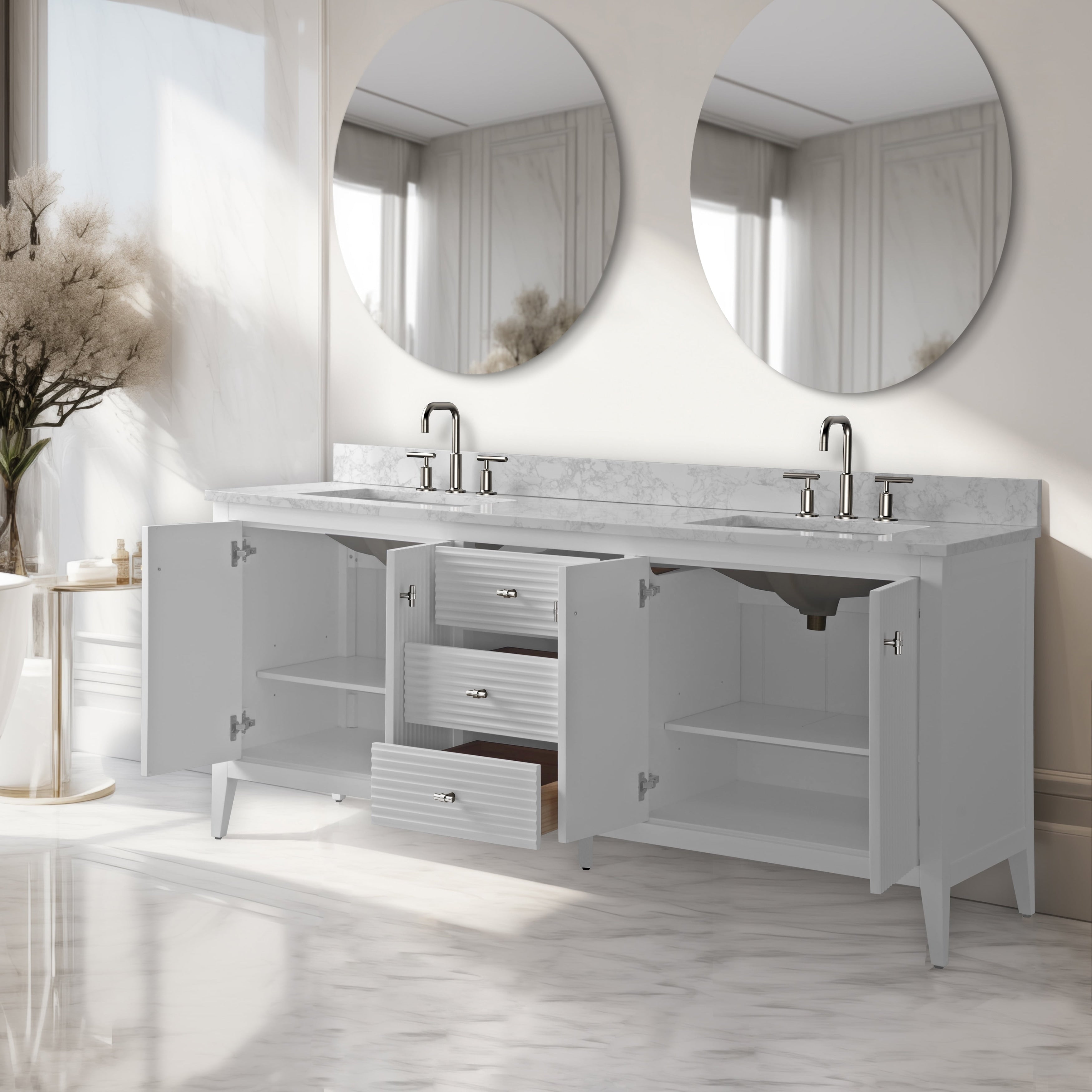 Meuble-lavabo double vasque Vanity Art 72 avec dessus en marbre reconstitué