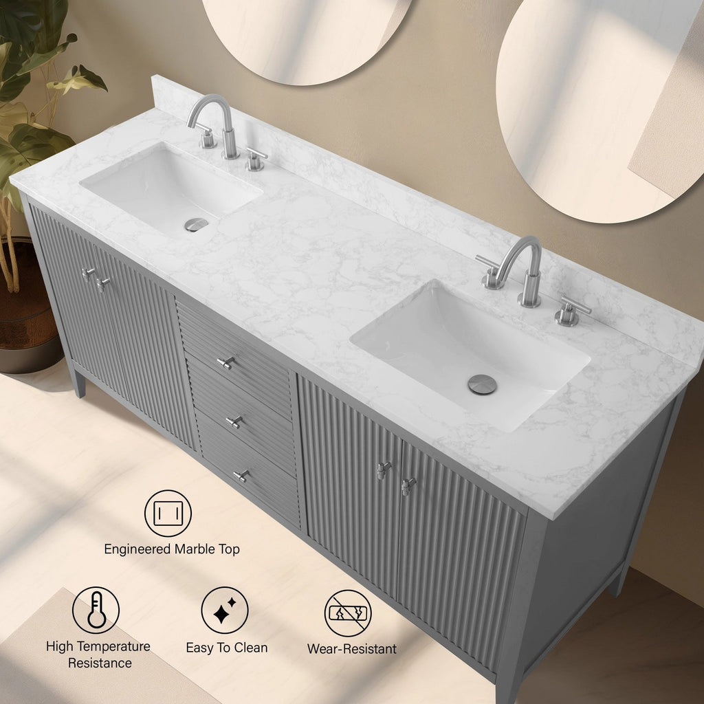 Meuble-lavabo double vasque Vanity Art 72 avec dessus en marbre reconstitué