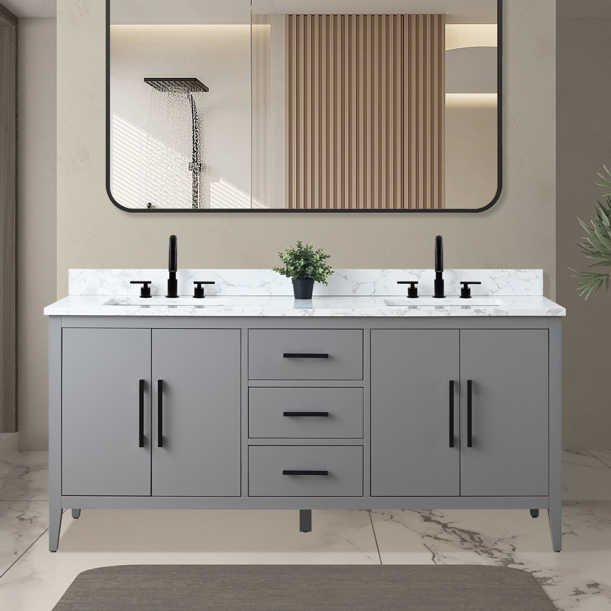 Meuble-lavabo double vasque Vanity Art 72 avec dessus en marbre reconstitué