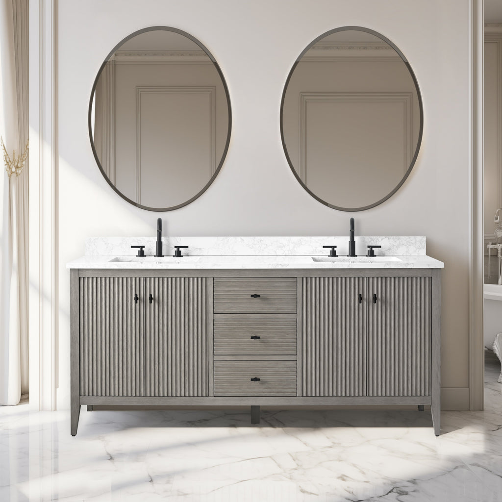Meuble-lavabo double vasque Vanity Art 72 avec dessus en marbre reconstitué