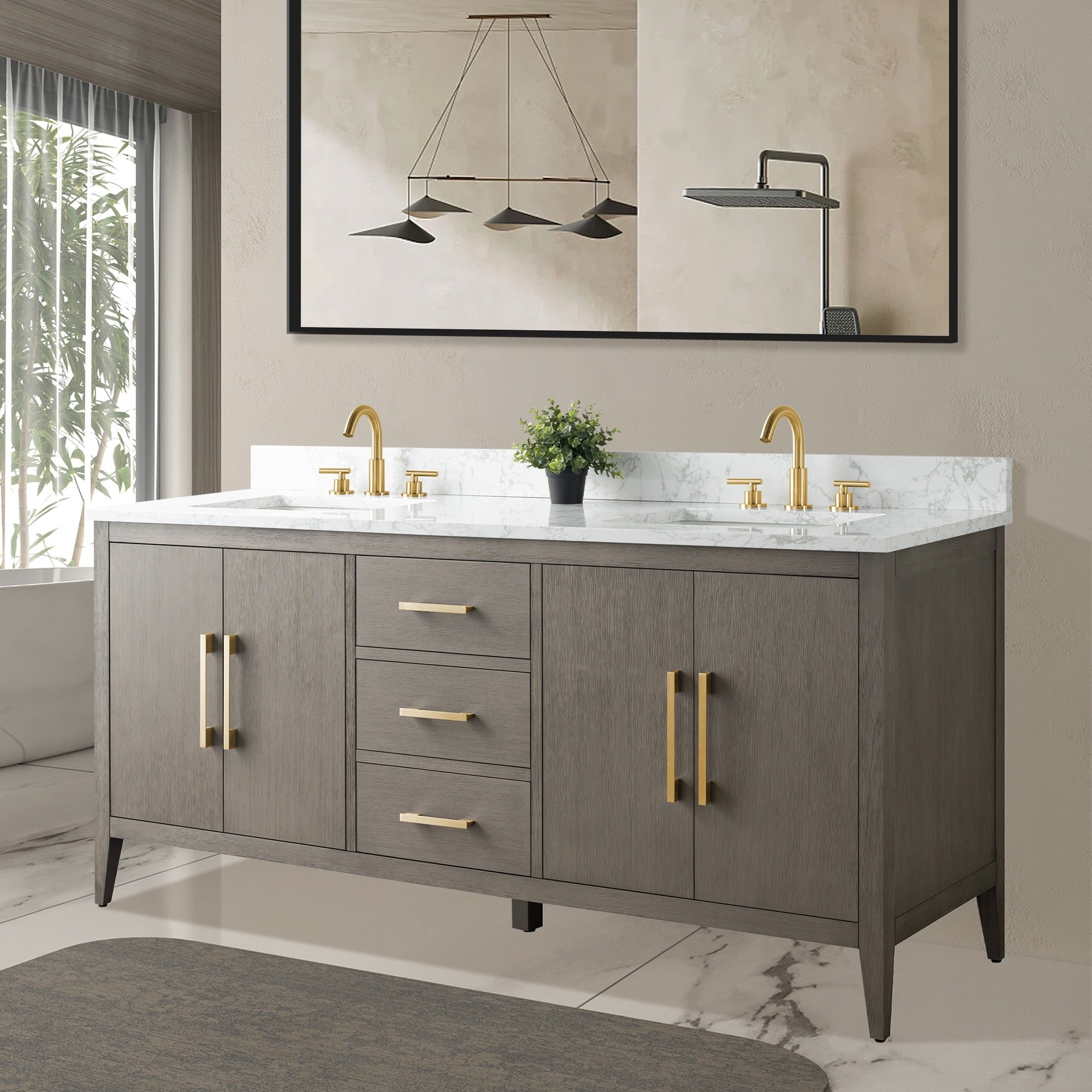 Meuble-lavabo double vasque Vanity Art 72 avec dessus en marbre reconstitué