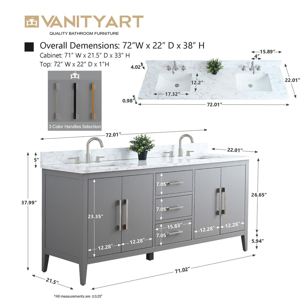 Meuble-lavabo double vasque Vanity Art 72 avec dessus en marbre reconstitué