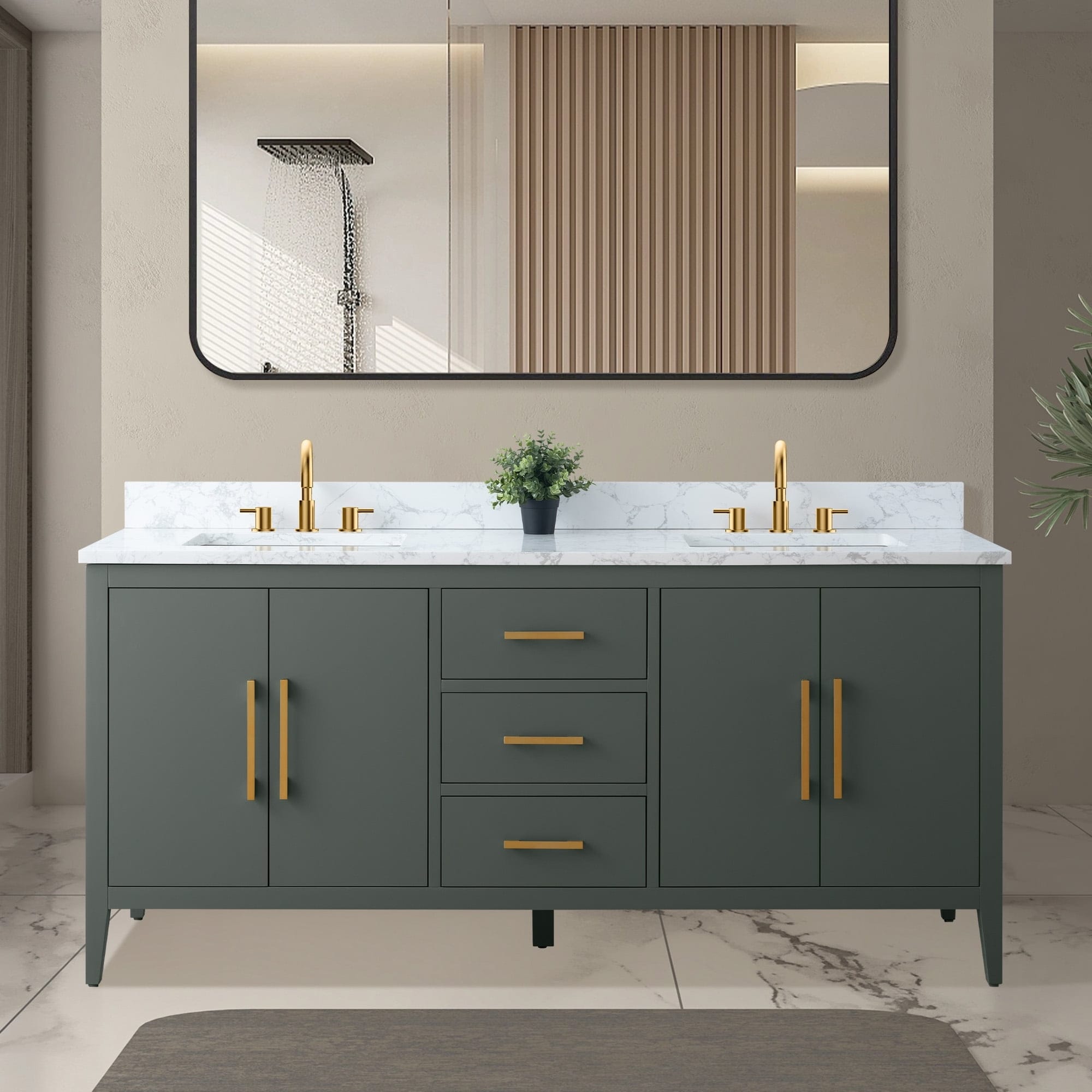 Meuble-lavabo double vasque Vanity Art 72 avec dessus en marbre reconstitué