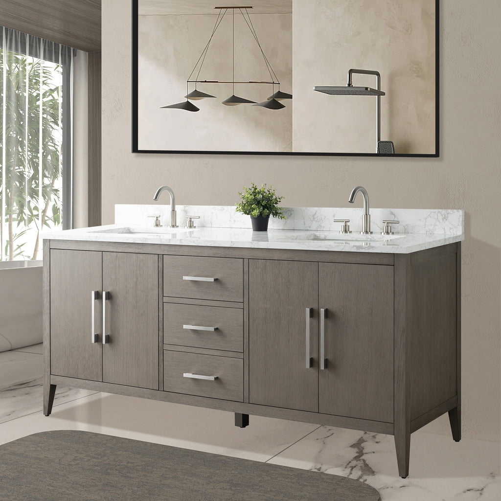 Meuble-lavabo double vasque Vanity Art 72 avec dessus en marbre reconstitué