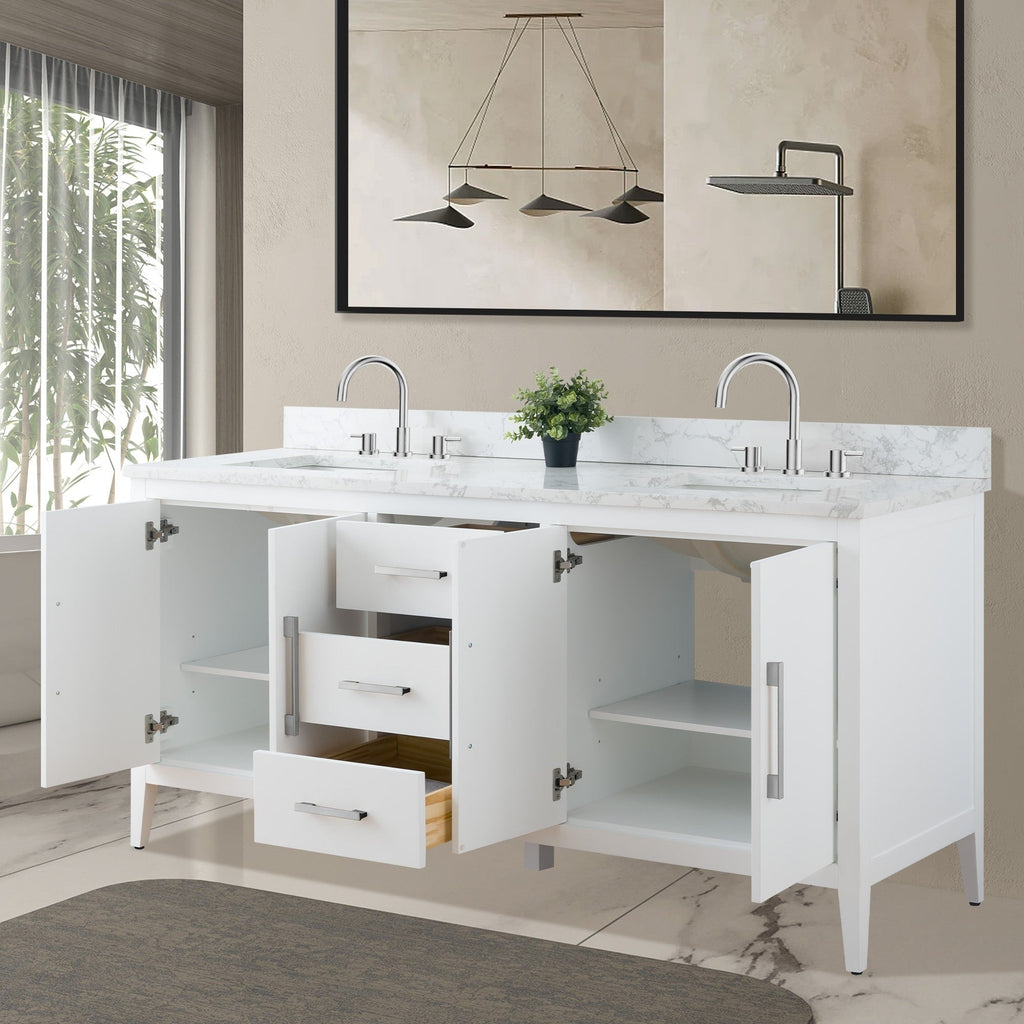 Meuble-lavabo double vasque Vanity Art 72 avec dessus en marbre reconstitué