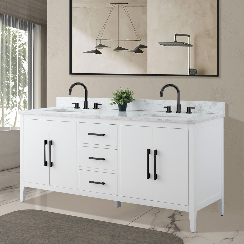 Meuble-lavabo double vasque Vanity Art 72 avec dessus en marbre reconstitué