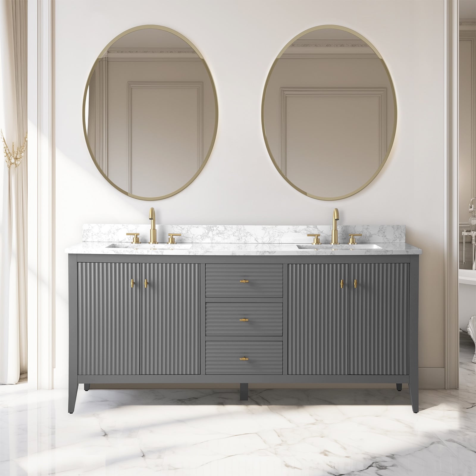 Meuble-lavabo double vasque Vanity Art 72 avec dessus en marbre reconstitué