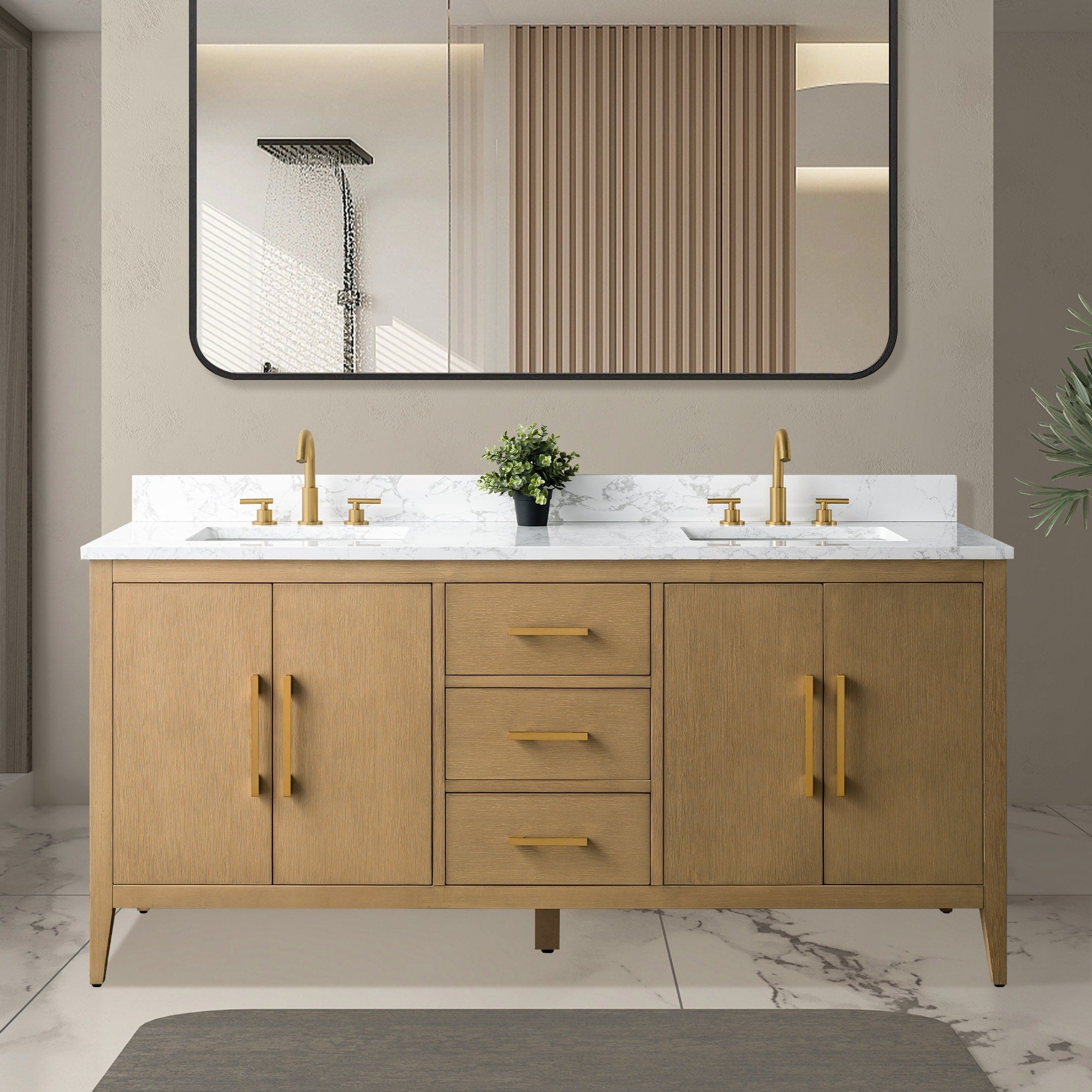 Meuble-lavabo double vasque Vanity Art 72 avec dessus en marbre reconstitué