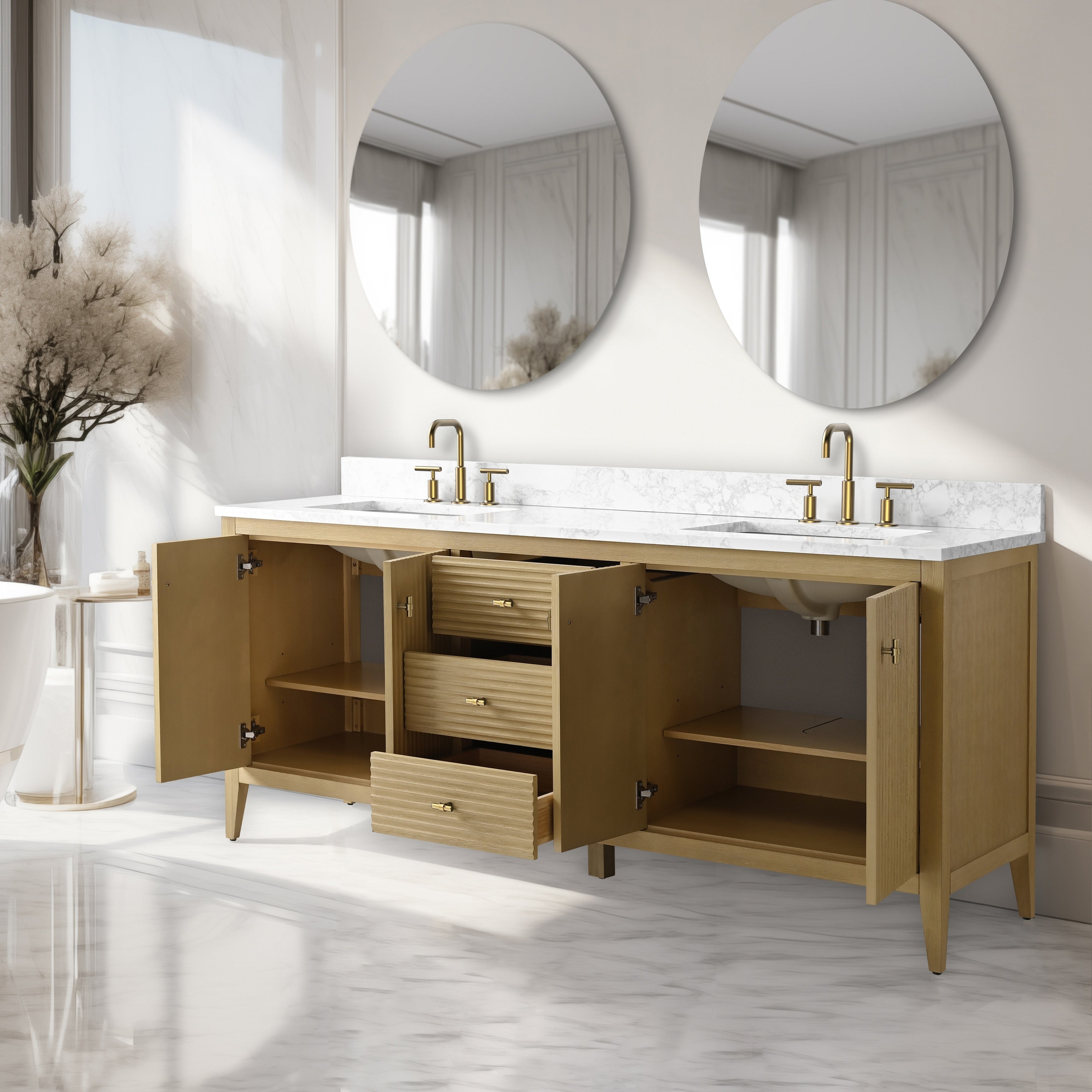 Meuble-lavabo double vasque Vanity Art 72 avec dessus en marbre reconstitué