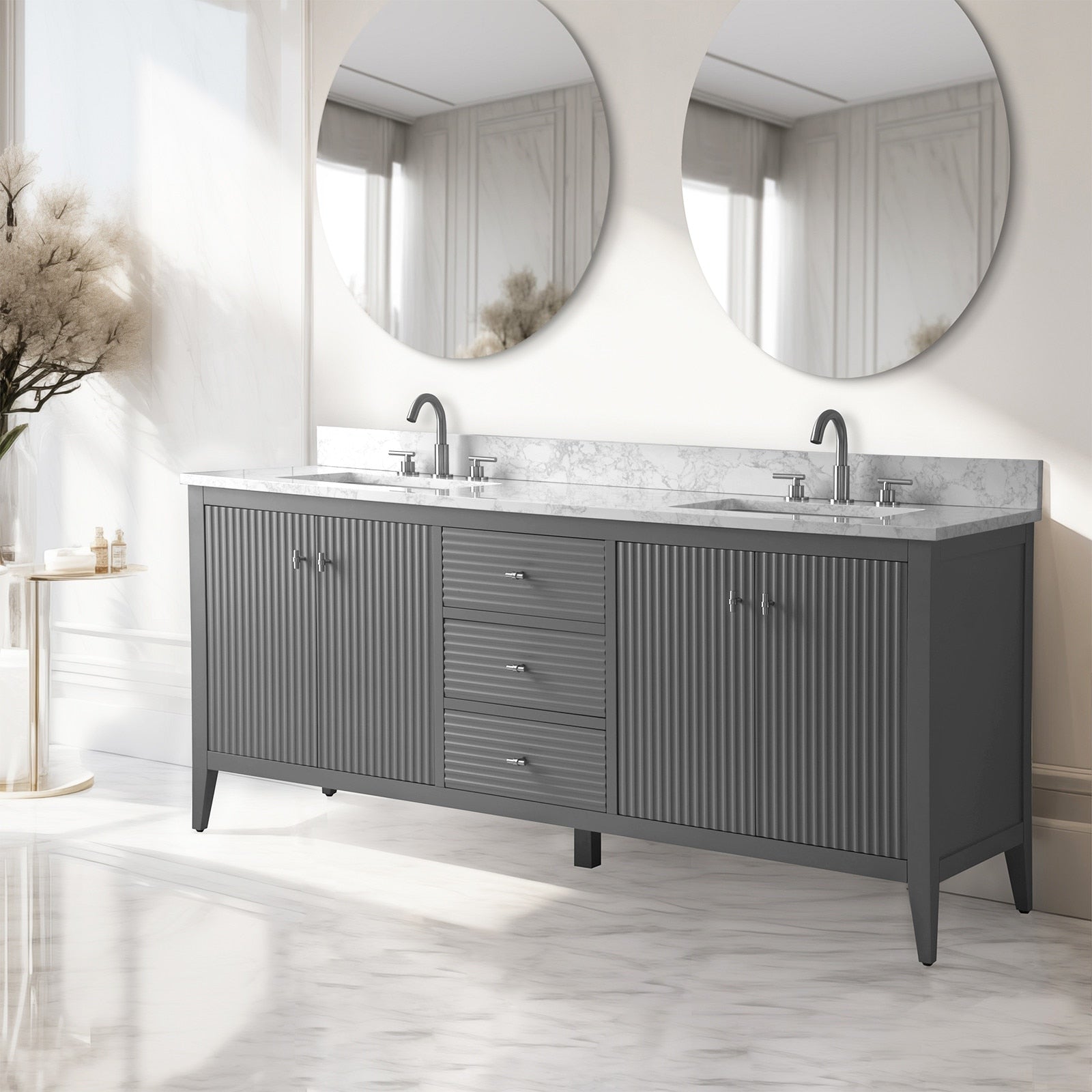 Meuble-lavabo double vasque Vanity Art 72 avec dessus en marbre reconstitué