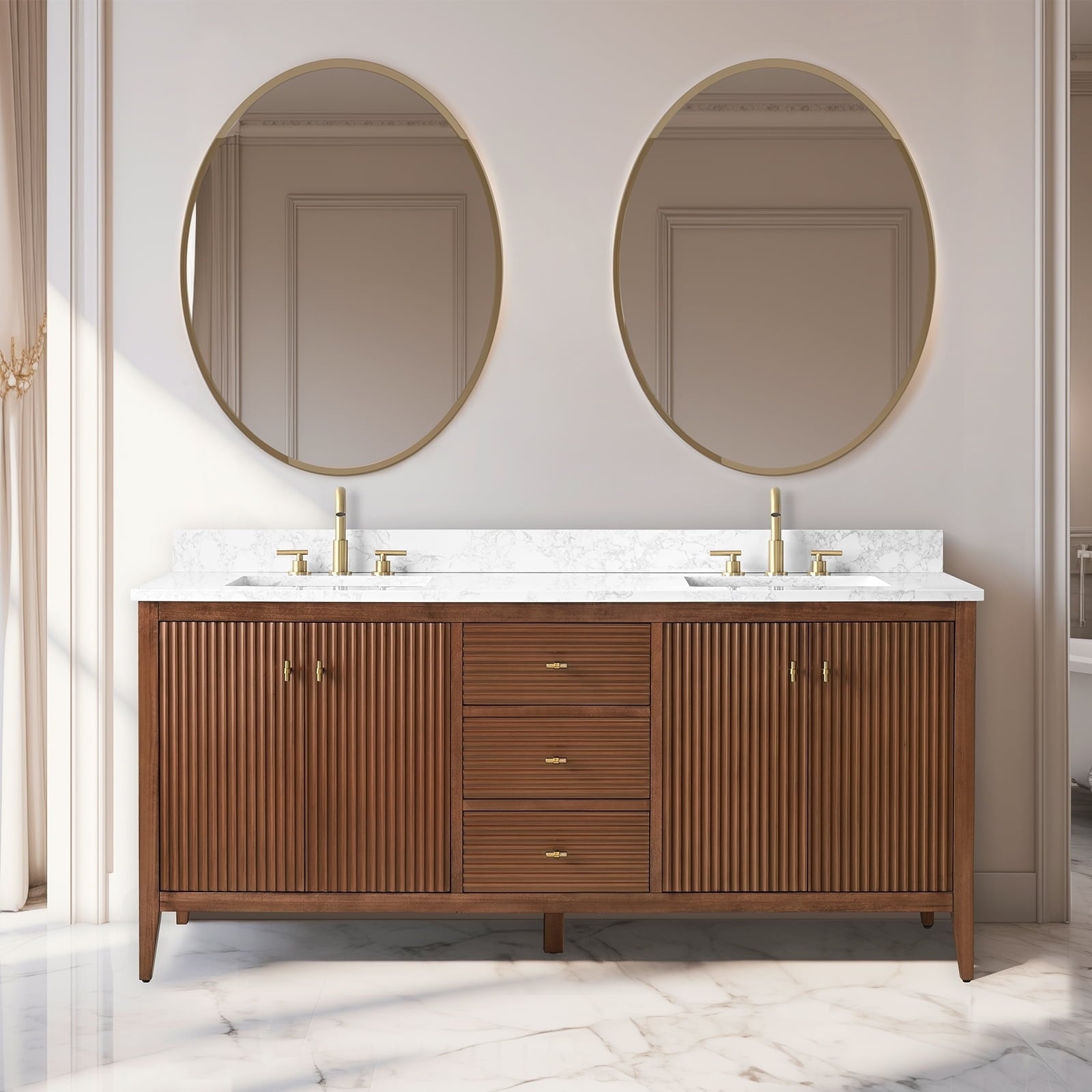 Meuble-lavabo double vasque Vanity Art 72 avec dessus en marbre reconstitué