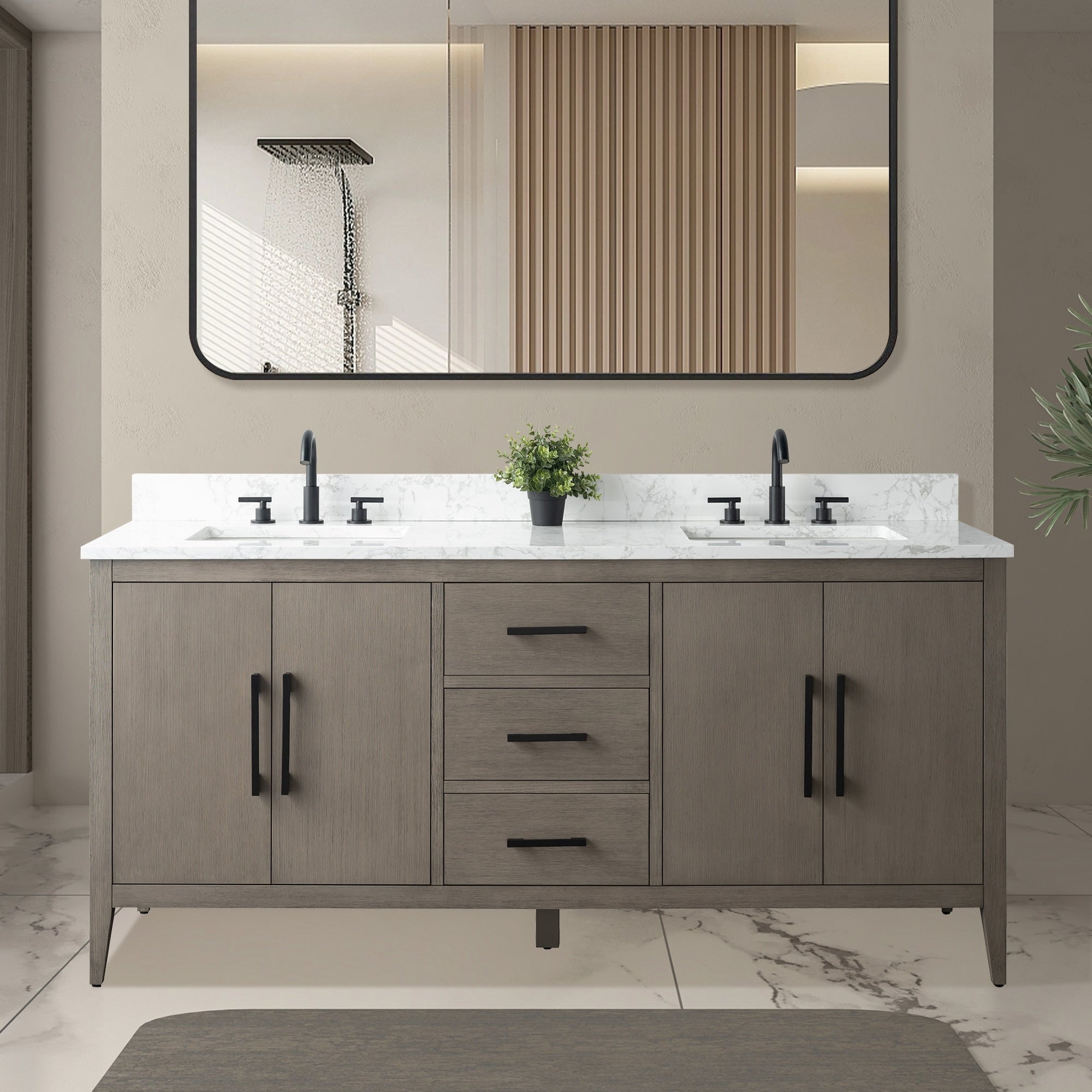 Meuble-lavabo double vasque Vanity Art 72 avec dessus en marbre reconstitué