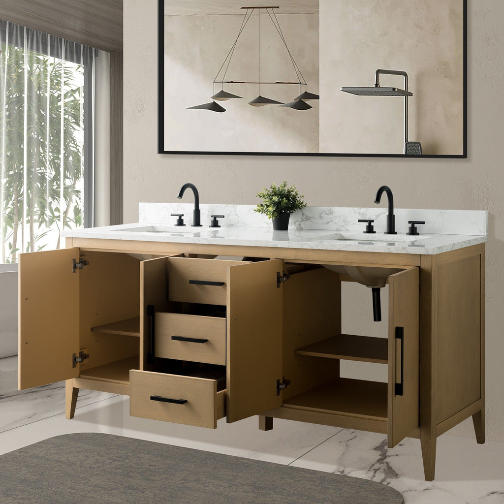 Meuble-lavabo double vasque Vanity Art 72 avec dessus en marbre reconstitué
