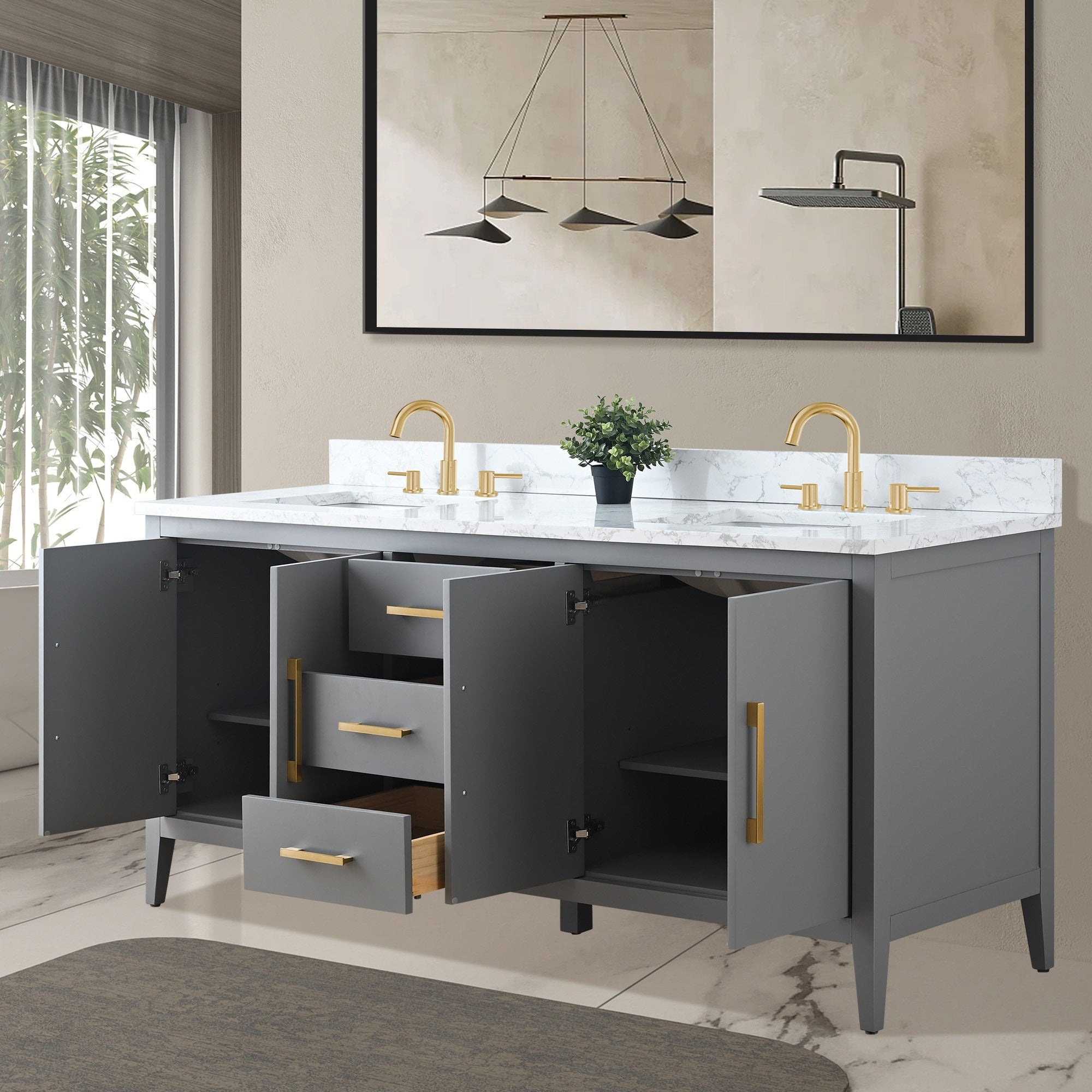 Meuble-lavabo double vasque Vanity Art 72 avec dessus en marbre reconstitué