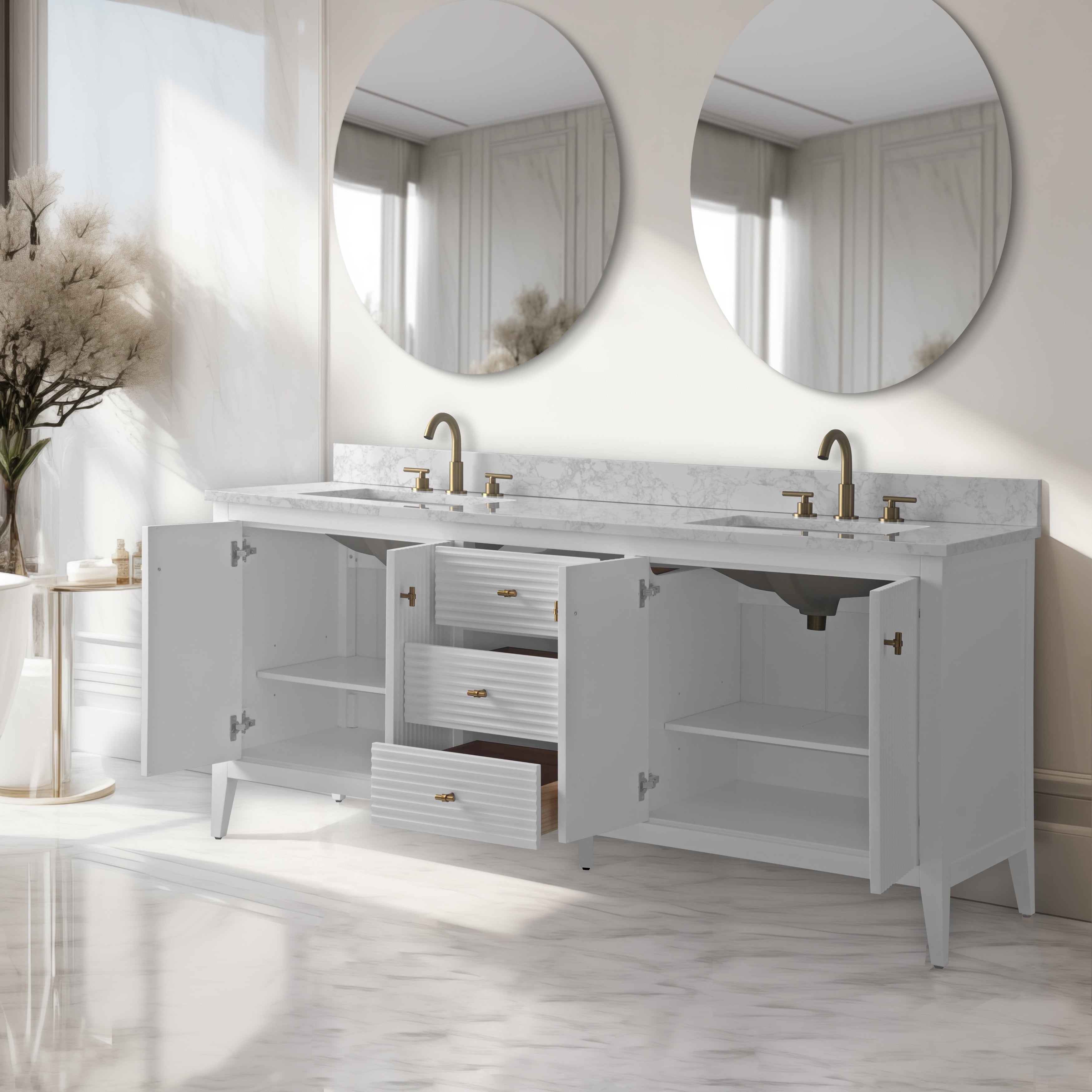 Meuble-lavabo double vasque Vanity Art 72 avec dessus en marbre reconstitué