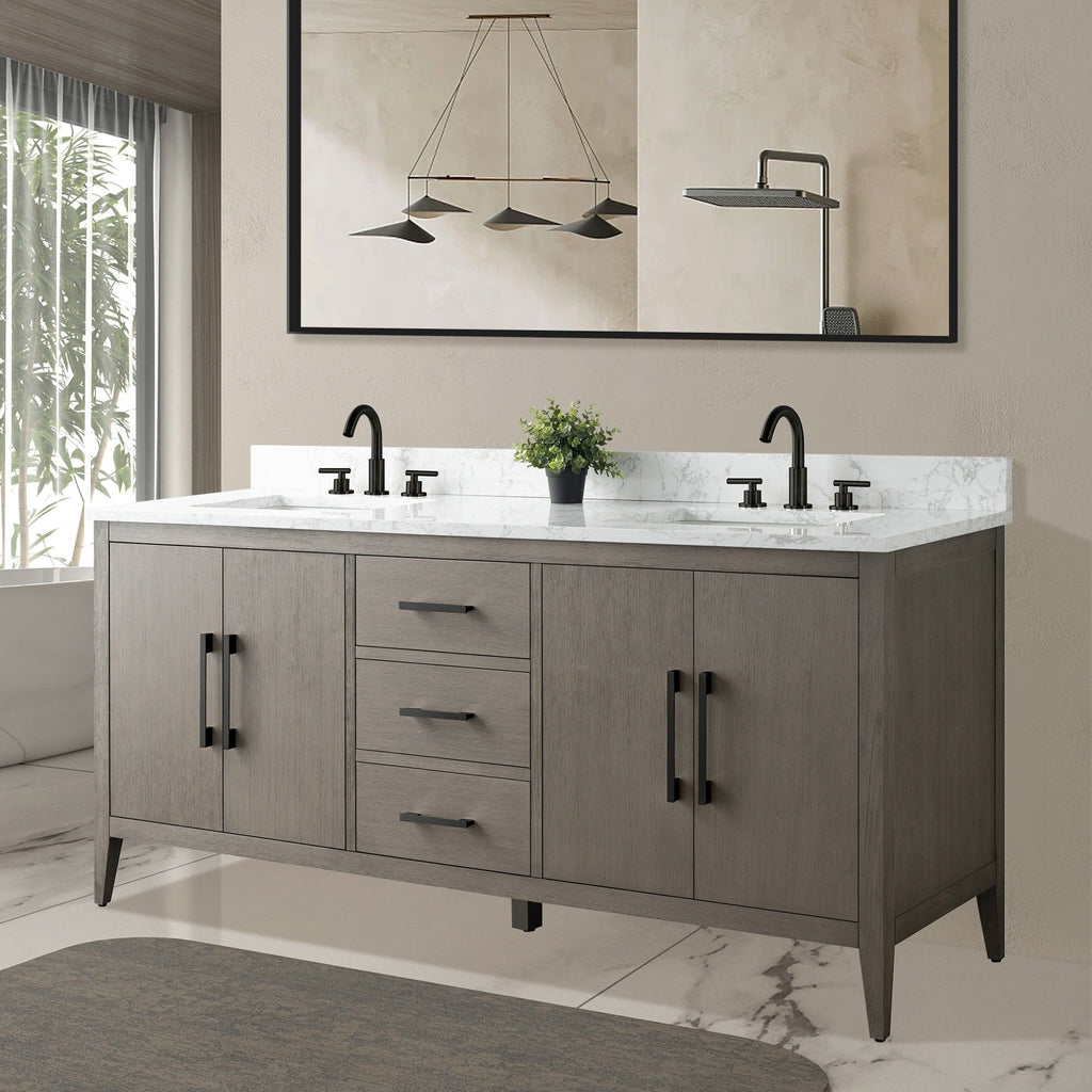 Meuble-lavabo double vasque Vanity Art 72 avec dessus en marbre reconstitué