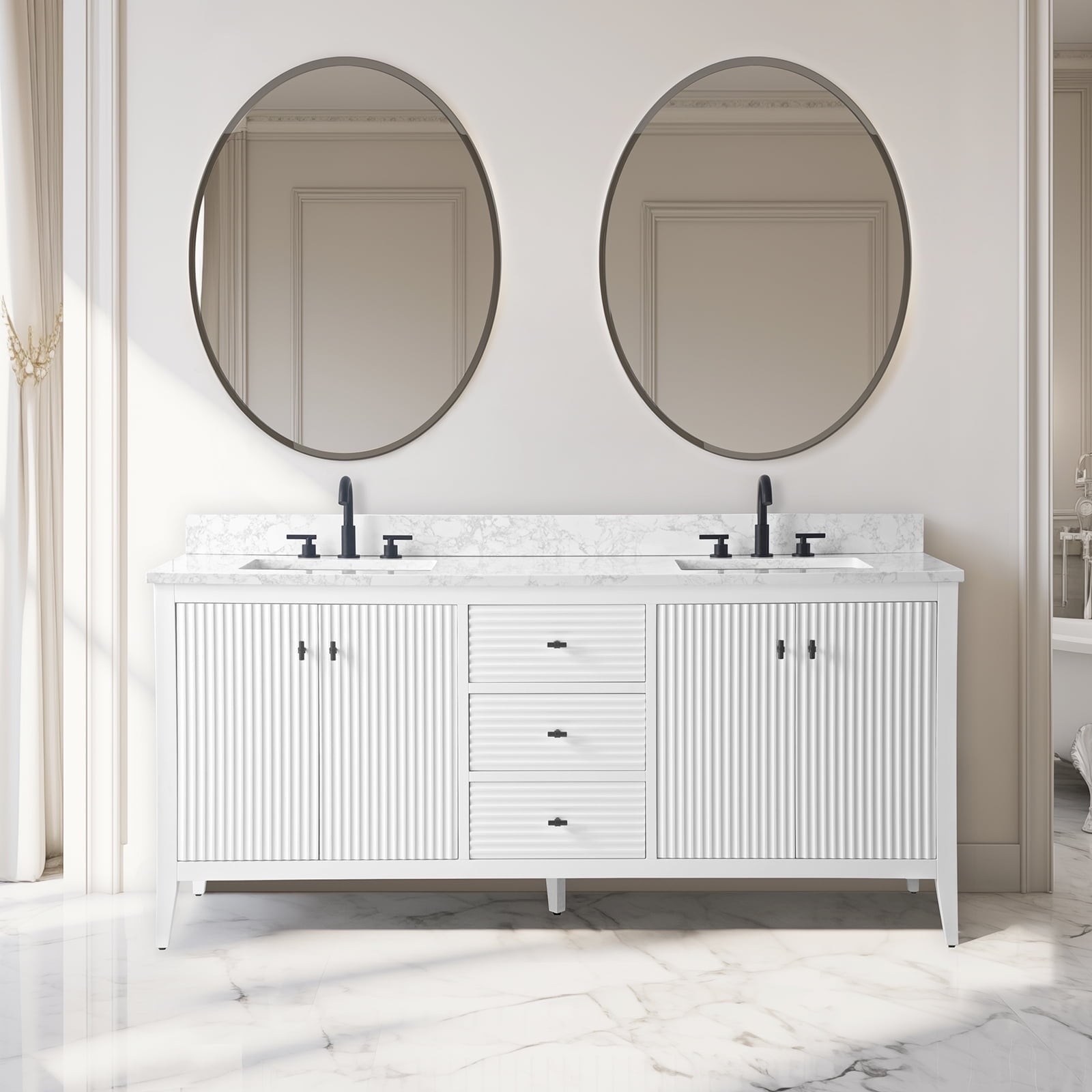 Meuble-lavabo double vasque Vanity Art 72 avec dessus en marbre reconstitué