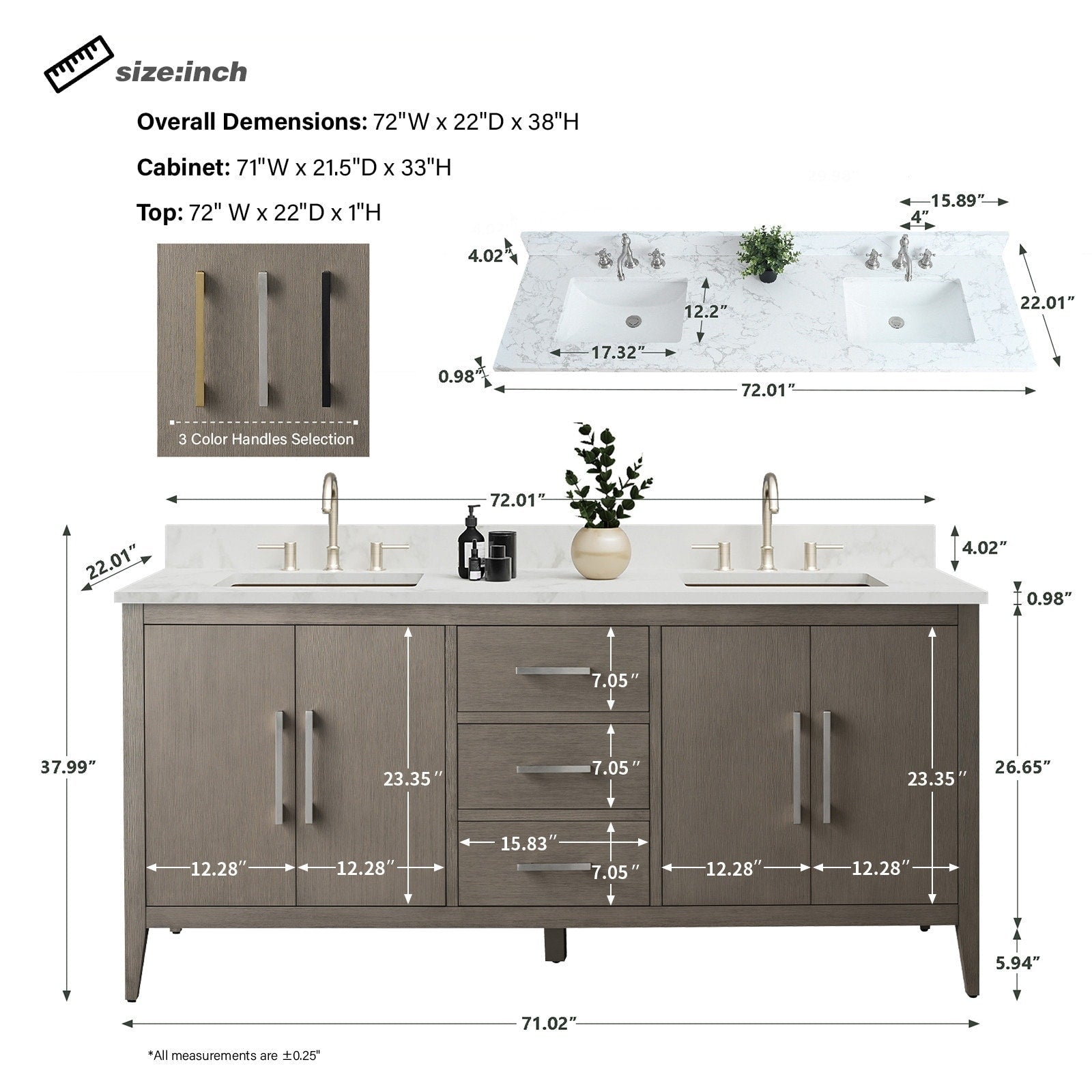 Meuble-lavabo double vasque Vanity Art 72 avec dessus en marbre reconstitué