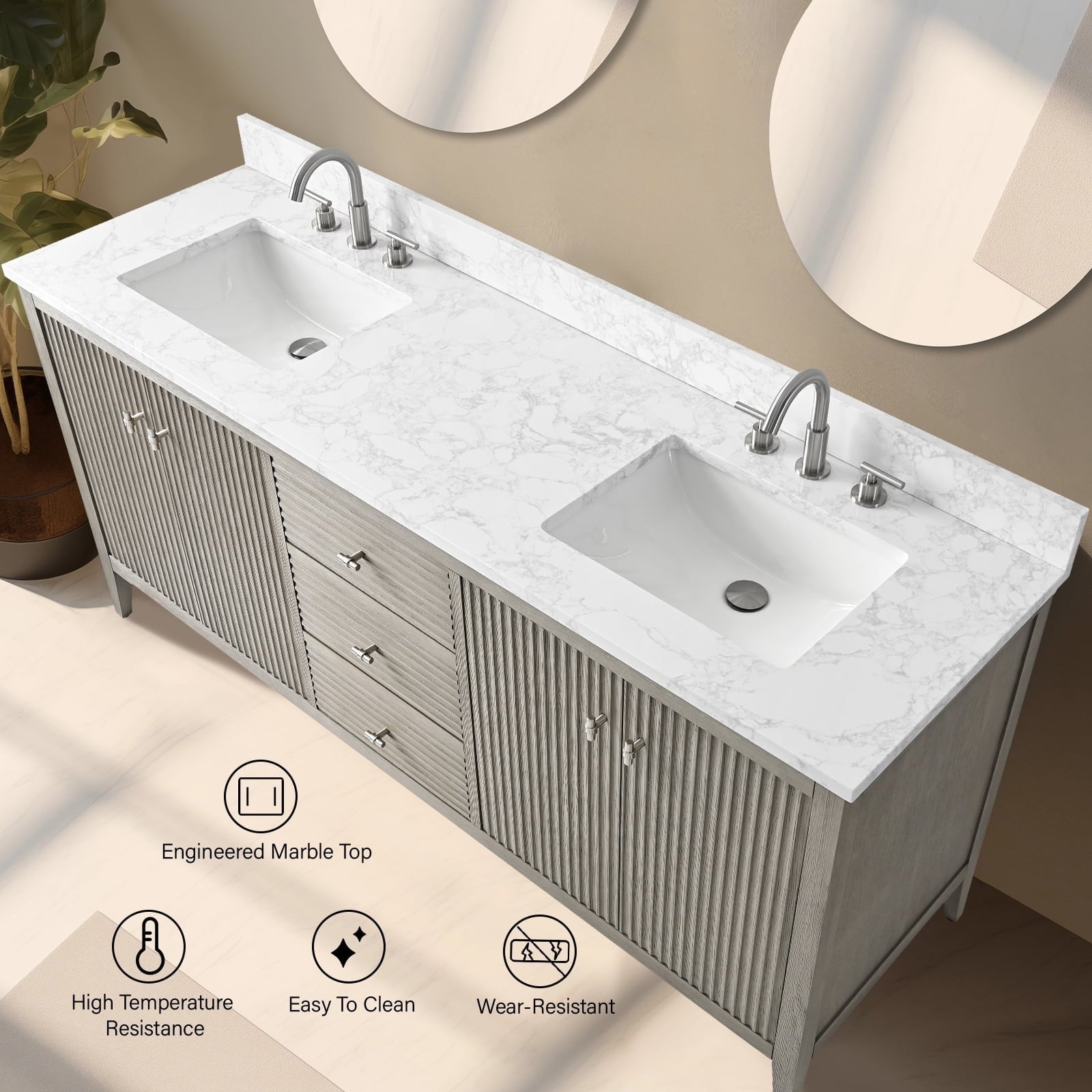 Meuble-lavabo double vasque Vanity Art 72 avec dessus en marbre reconstitué
