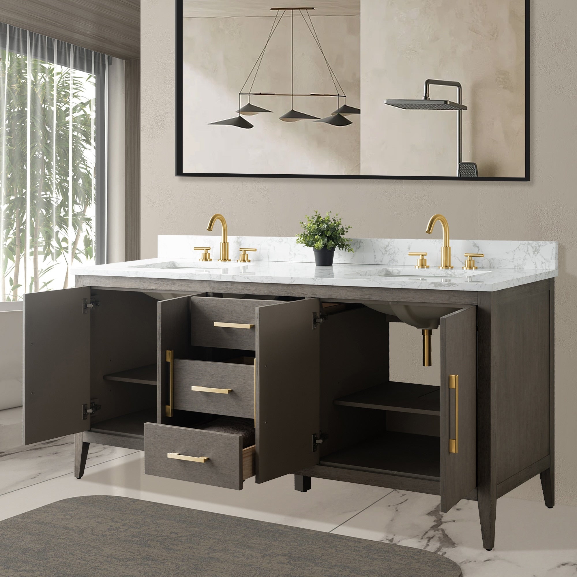 Meuble-lavabo double vasque Vanity Art 72 avec dessus en marbre reconstitué
