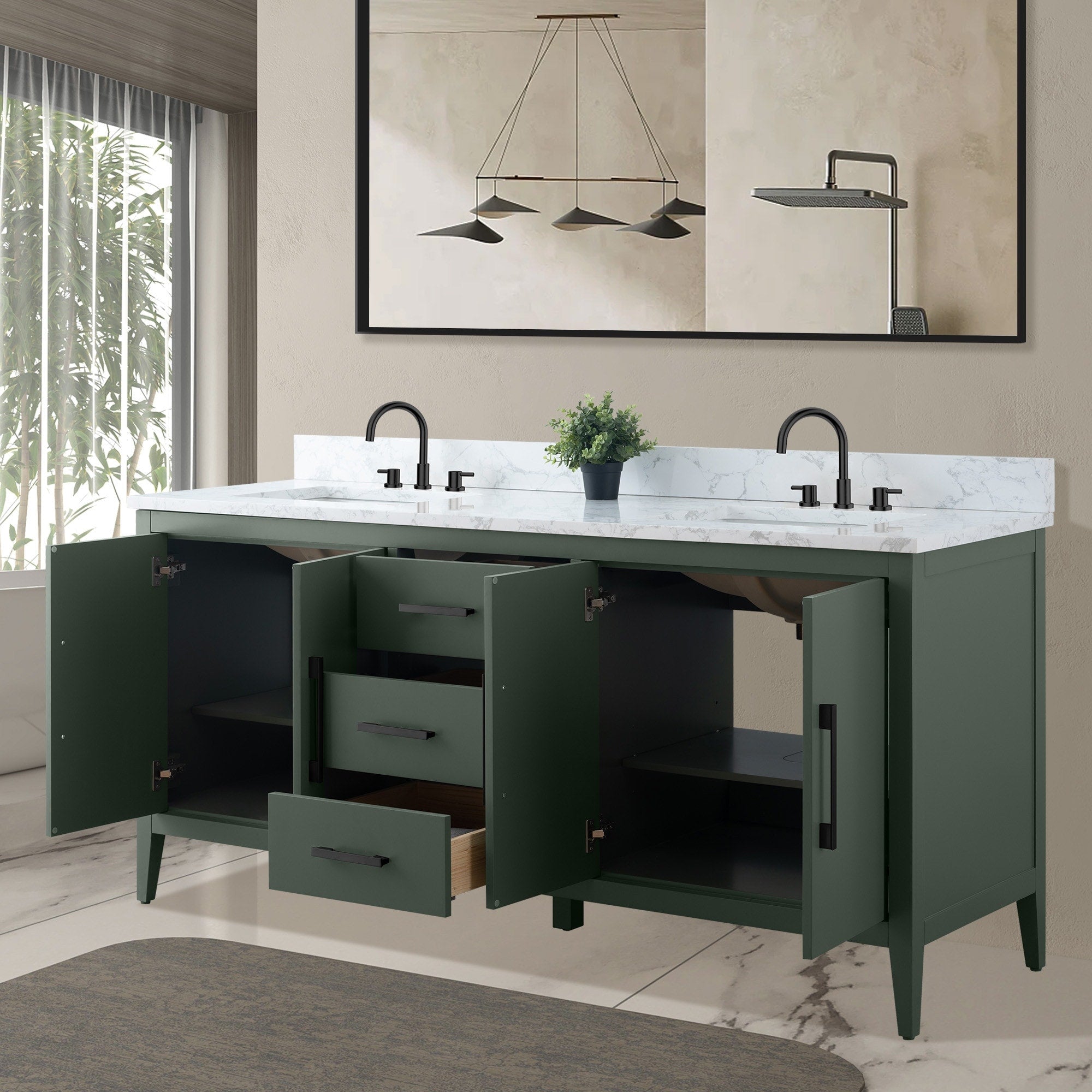 Meuble-lavabo double vasque Vanity Art 72 avec dessus en marbre reconstitué