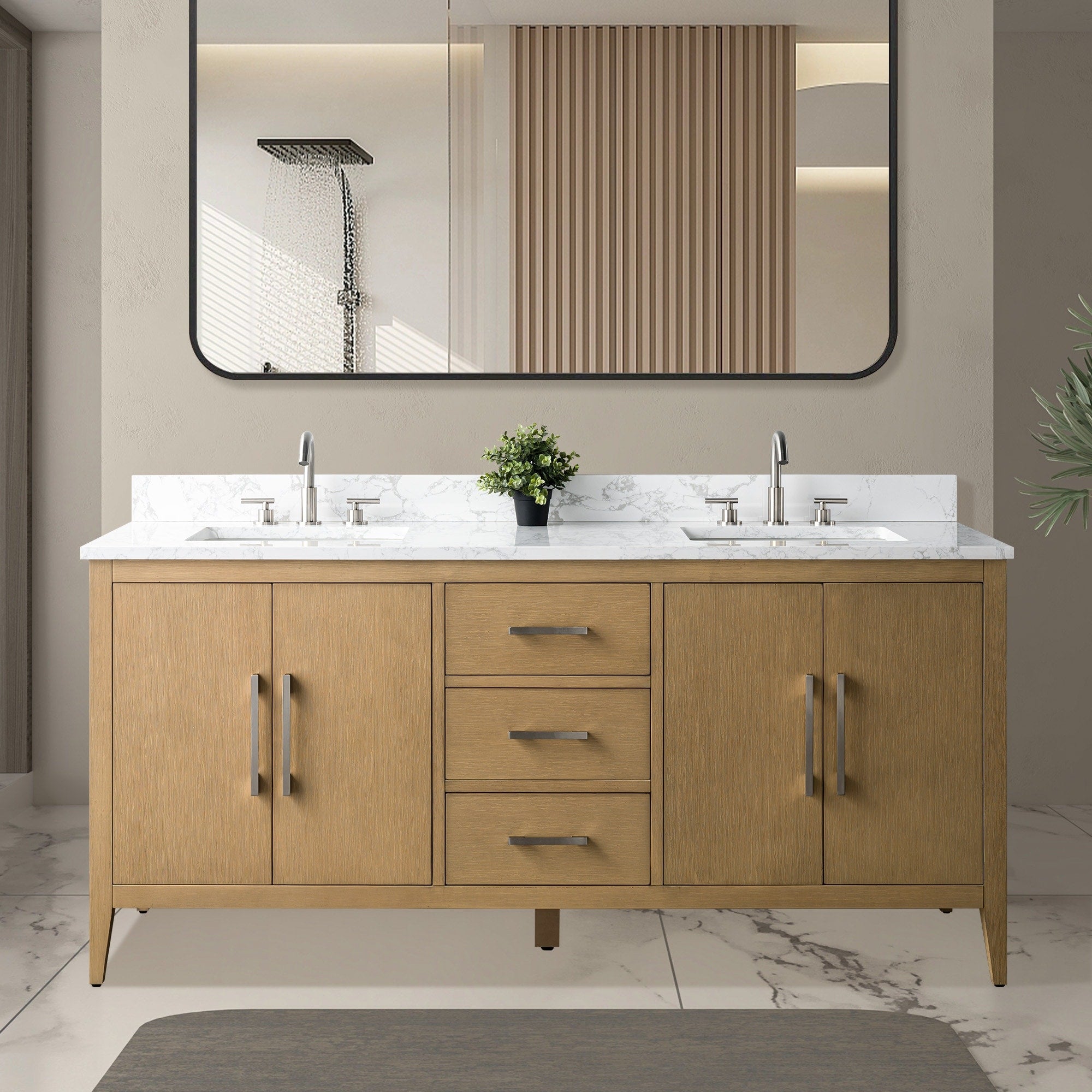Meuble-lavabo double vasque Vanity Art 72 avec dessus en marbre reconstitué
