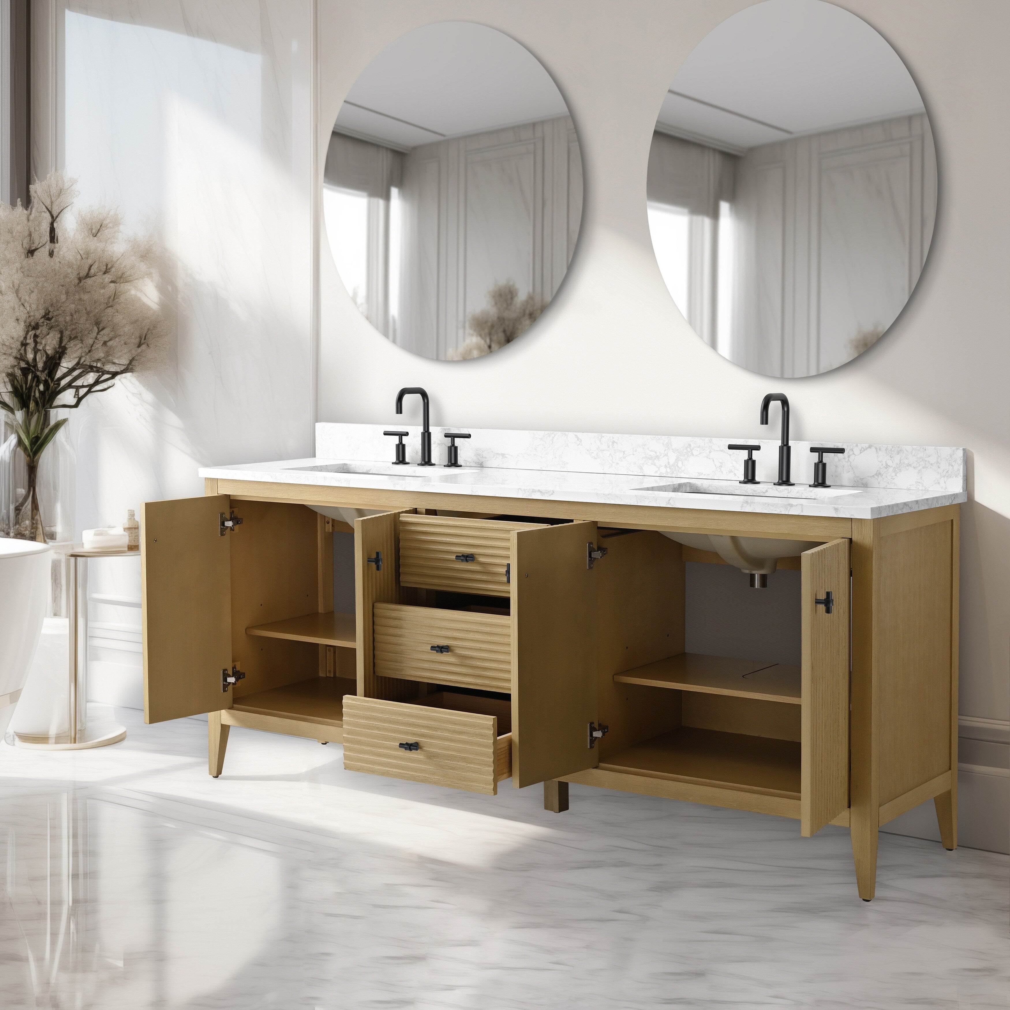 Meuble-lavabo double vasque Vanity Art 72 avec dessus en marbre reconstitué