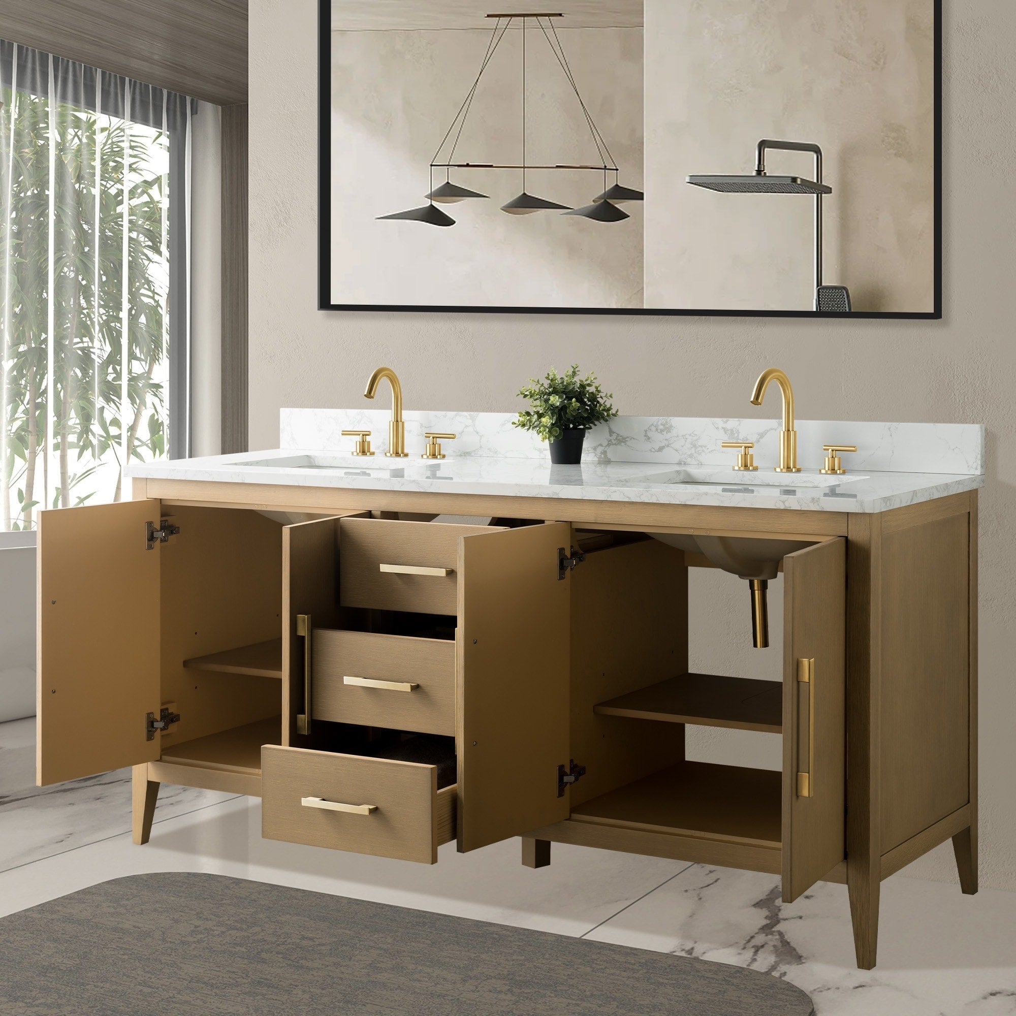 Meuble-lavabo double vasque Vanity Art 72 avec dessus en marbre reconstitué