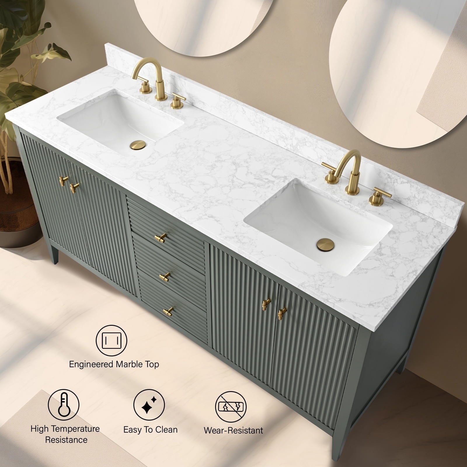 Meuble-lavabo double vasque Vanity Art 72 avec dessus en marbre reconstitué