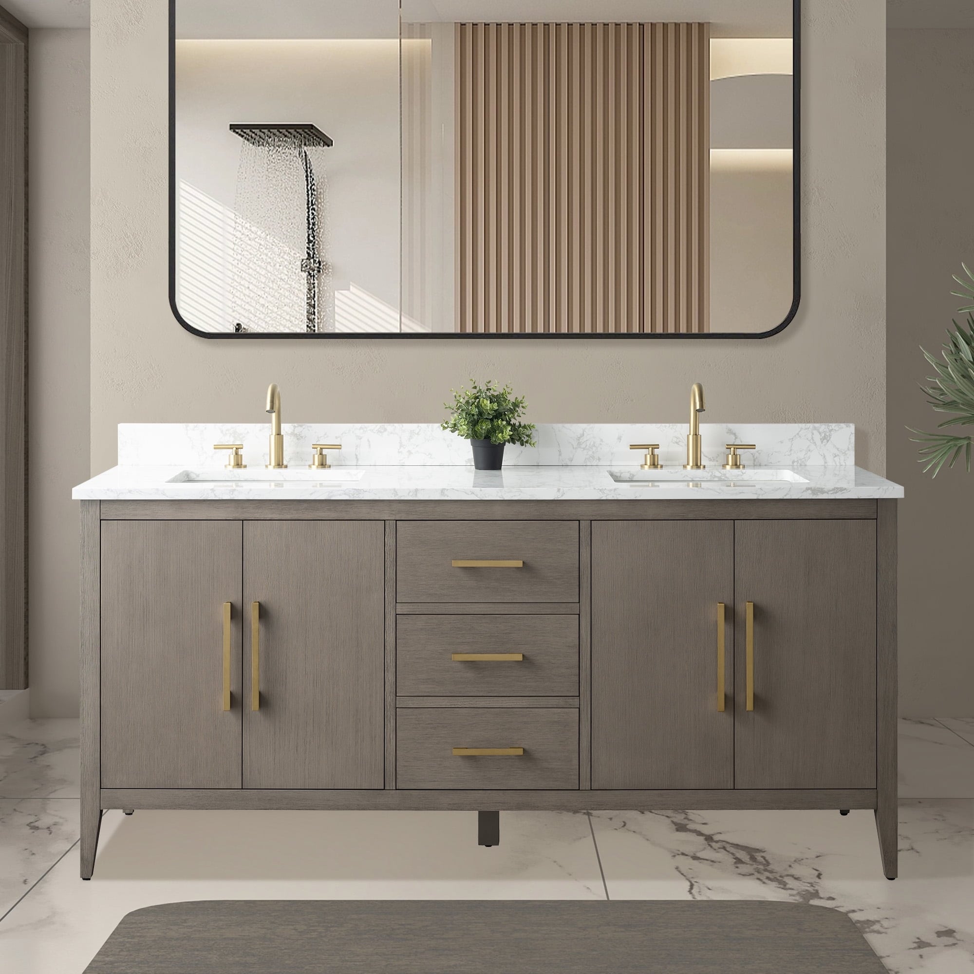 Meuble-lavabo double vasque Vanity Art 72 avec dessus en marbre reconstitué
