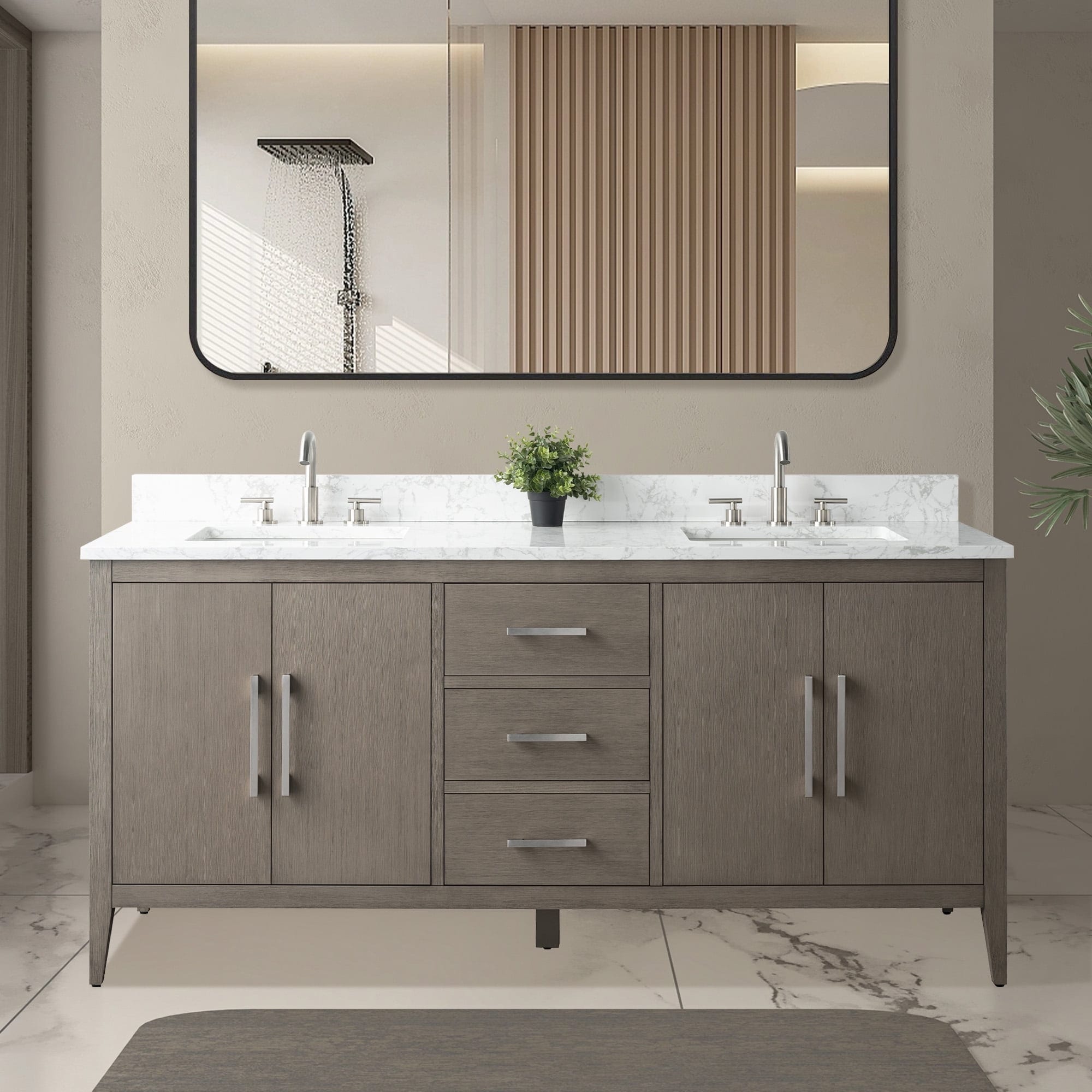 Meuble-lavabo double vasque Vanity Art 72 avec dessus en marbre reconstitué