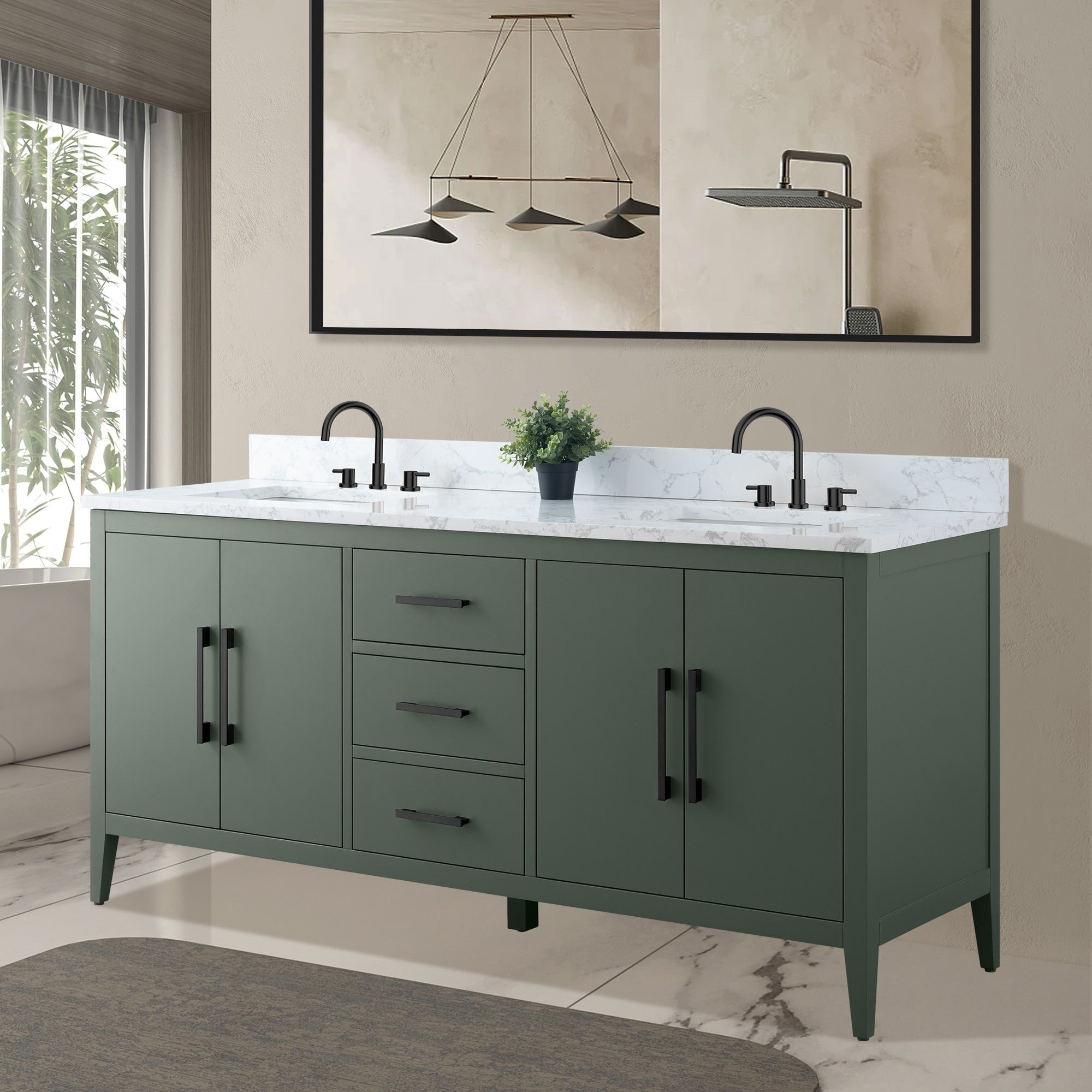 Meuble-lavabo double vasque Vanity Art 72 avec dessus en marbre reconstitué