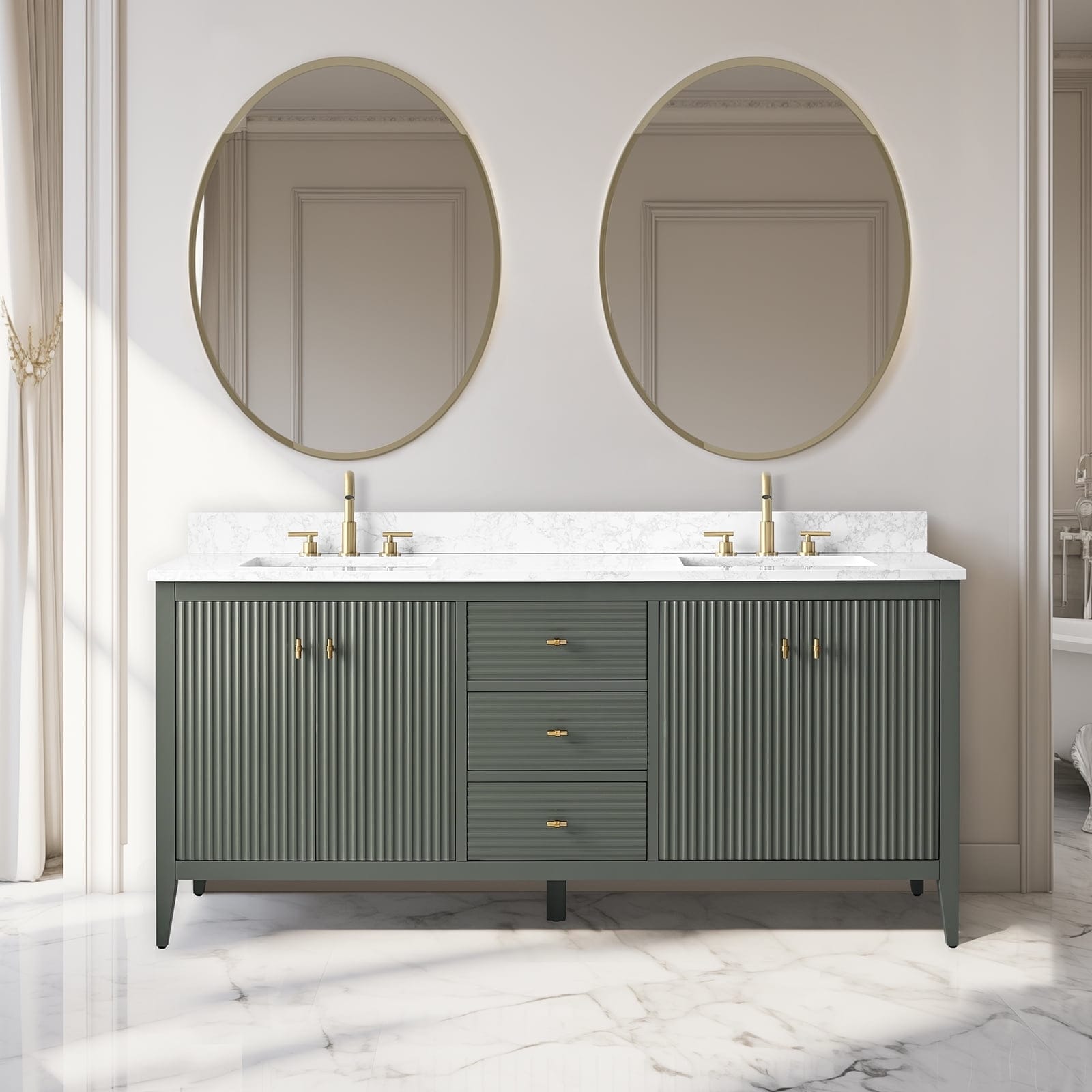 Meuble-lavabo double vasque Vanity Art 72 avec dessus en marbre reconstitué