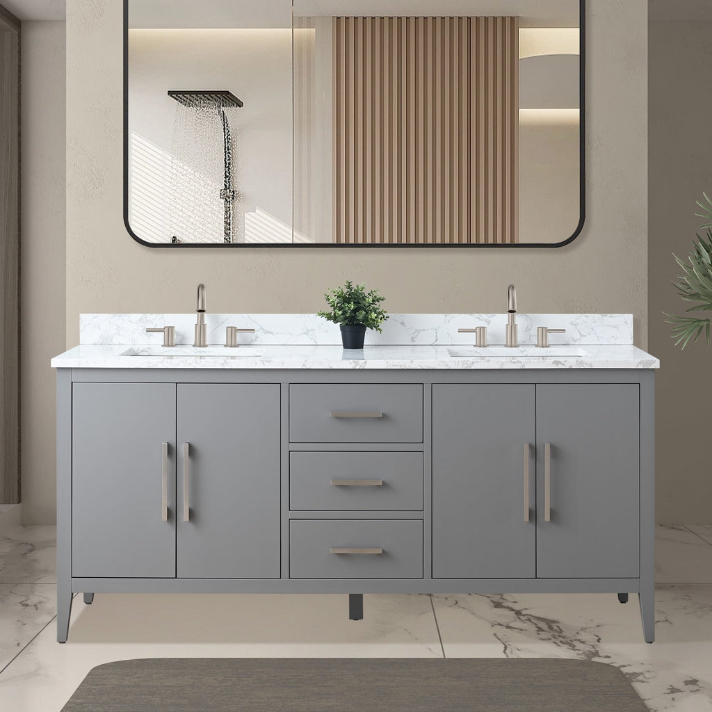 Meuble-lavabo double vasque Vanity Art 72 avec dessus en marbre reconstitué