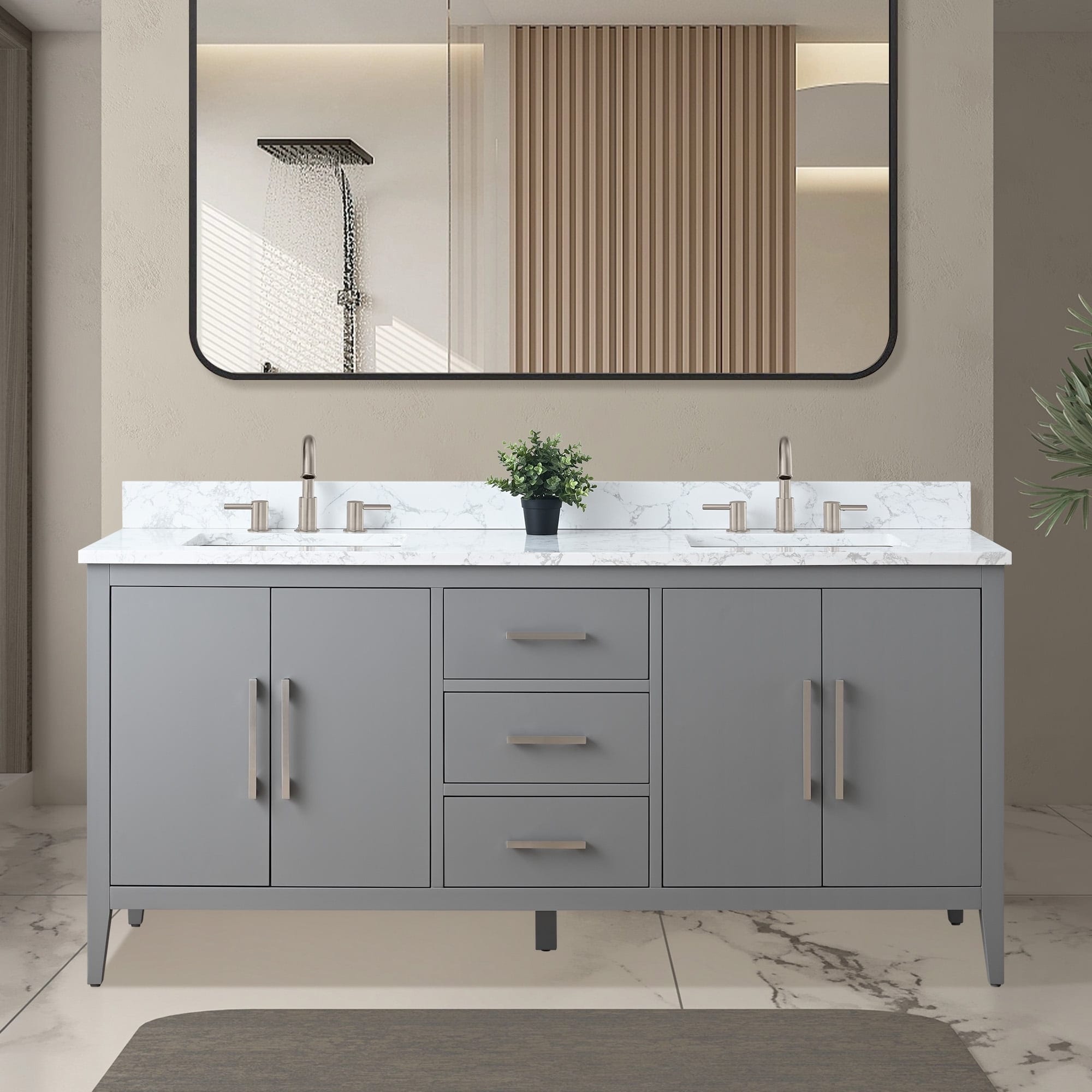 Meuble-lavabo double vasque Vanity Art 72 avec dessus en marbre reconstitué