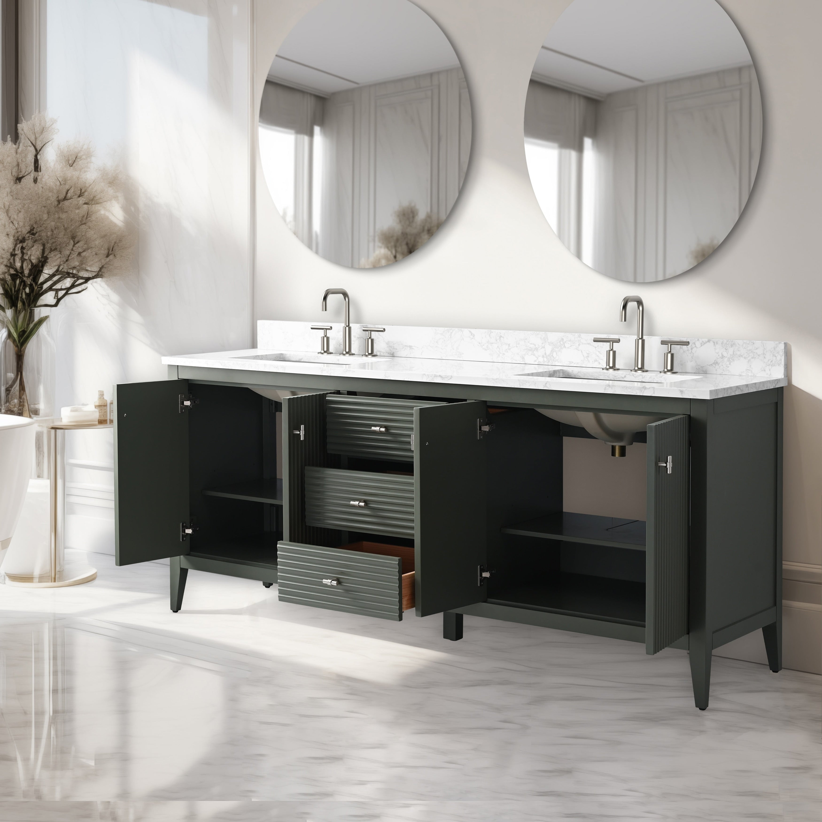Meuble-lavabo double vasque Vanity Art 72 avec dessus en marbre reconstitué