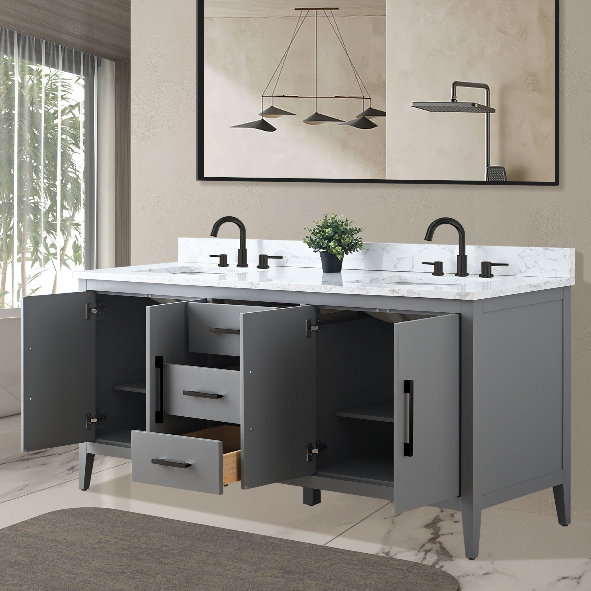 Meuble-lavabo double vasque Vanity Art 72 avec dessus en marbre reconstitué