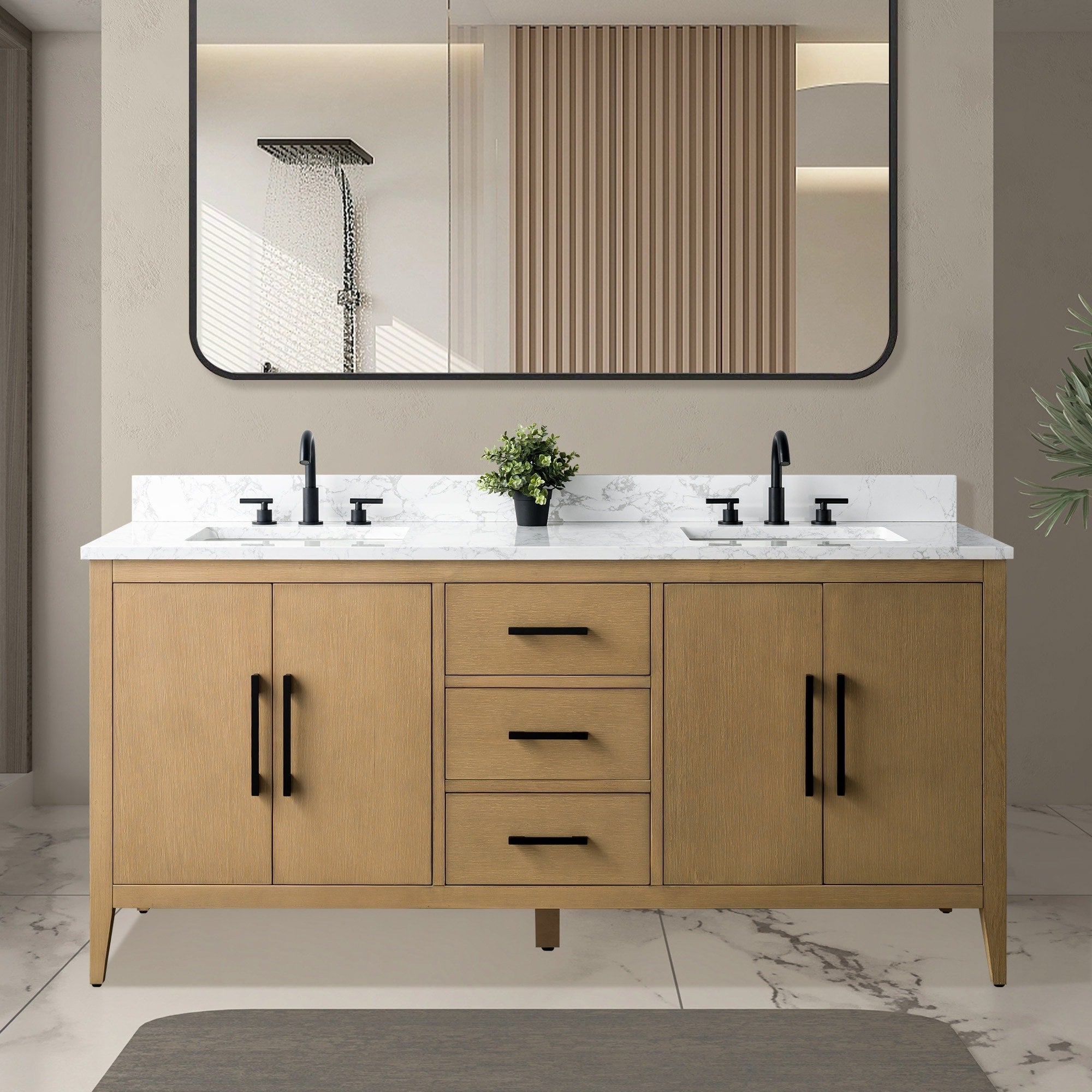 Meuble-lavabo double vasque Vanity Art 72 avec dessus en marbre reconstitué