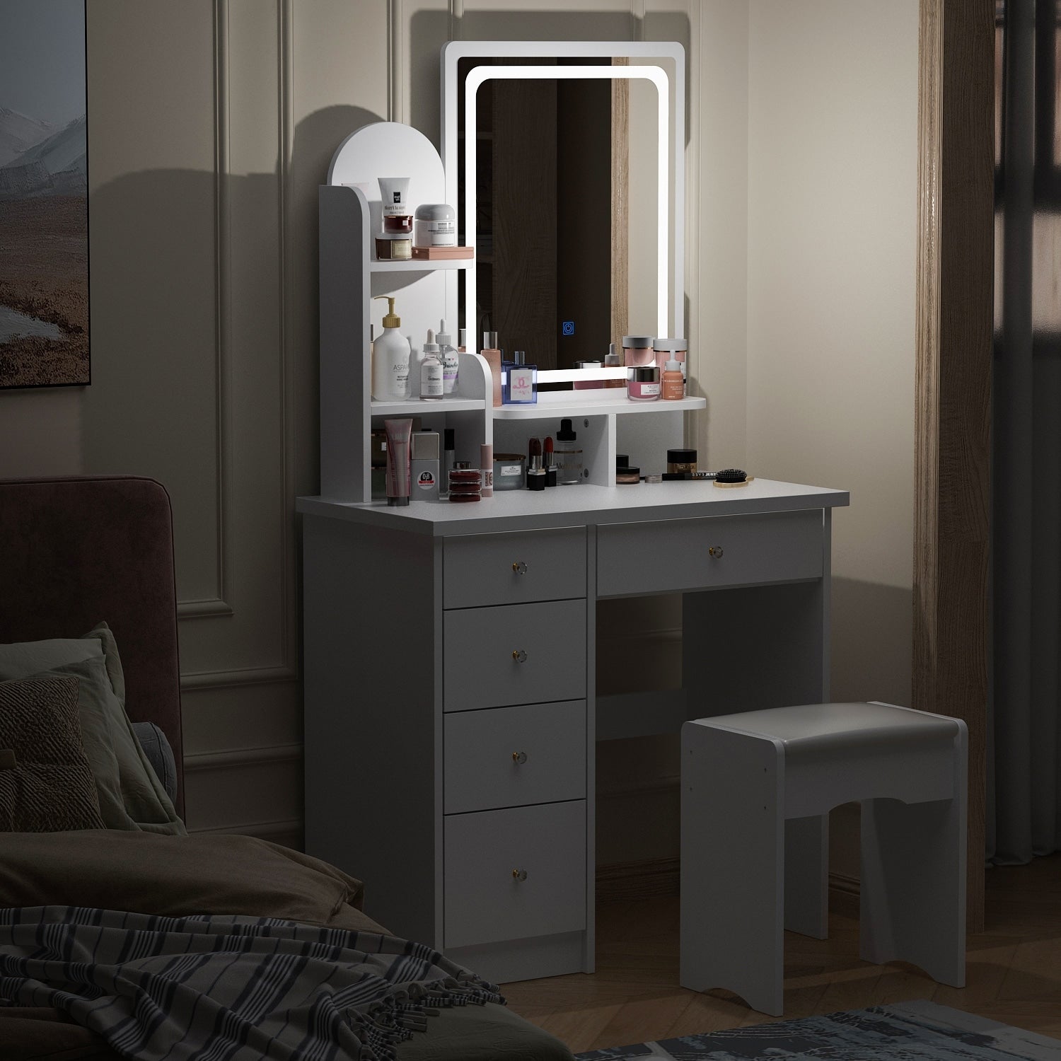 Ensemble de coiffeuse avec miroir et lampe, coiffeuse avec tabouret