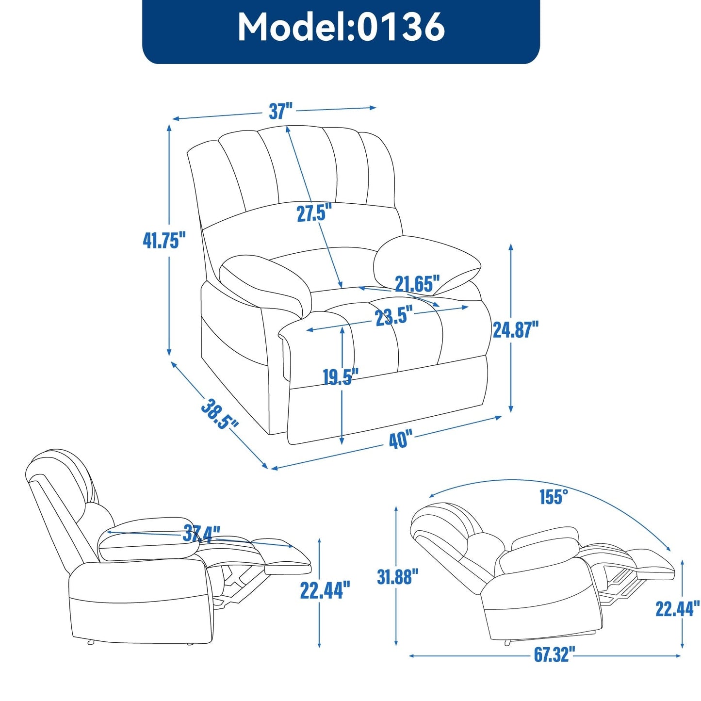 Fauteuil inclinable manuel en velours avec repose-pieds et dossier réglable