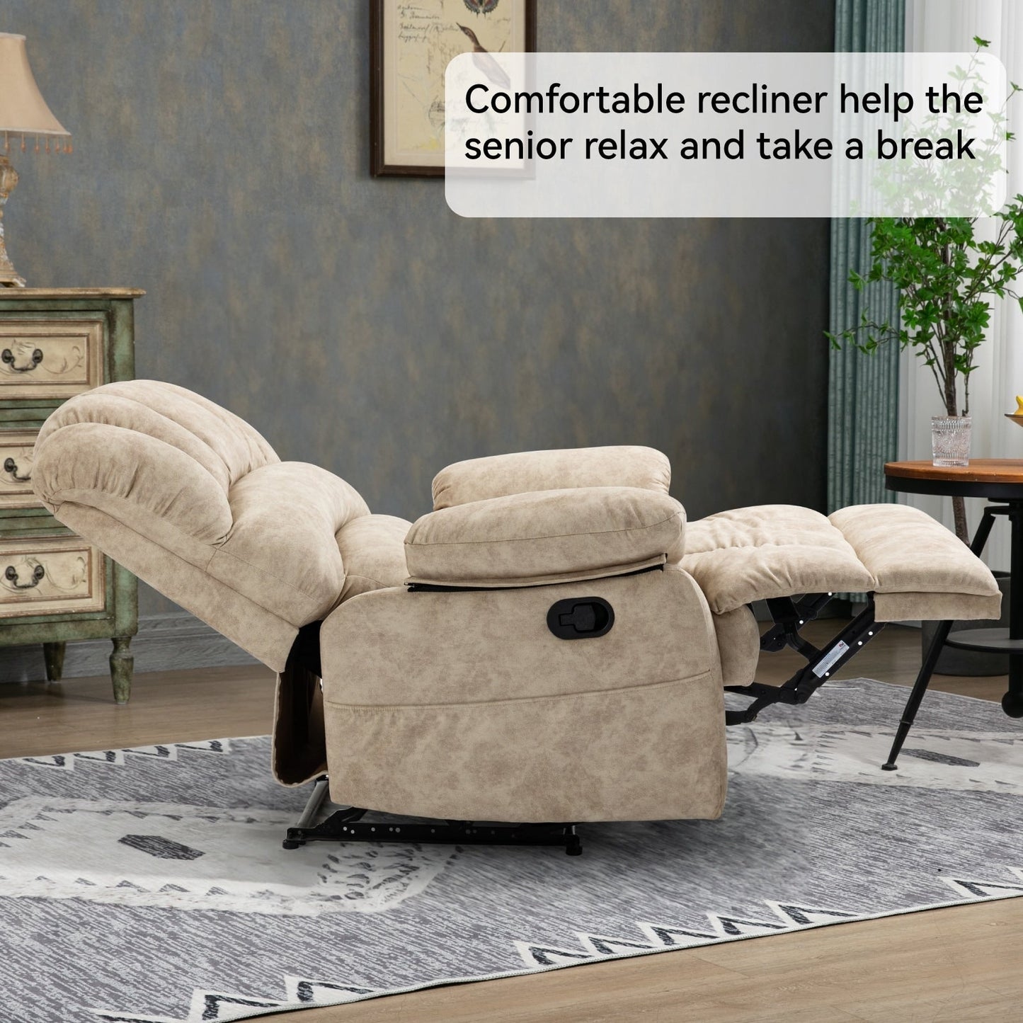 Fauteuil inclinable manuel en velours avec repose-pieds et dossier réglable