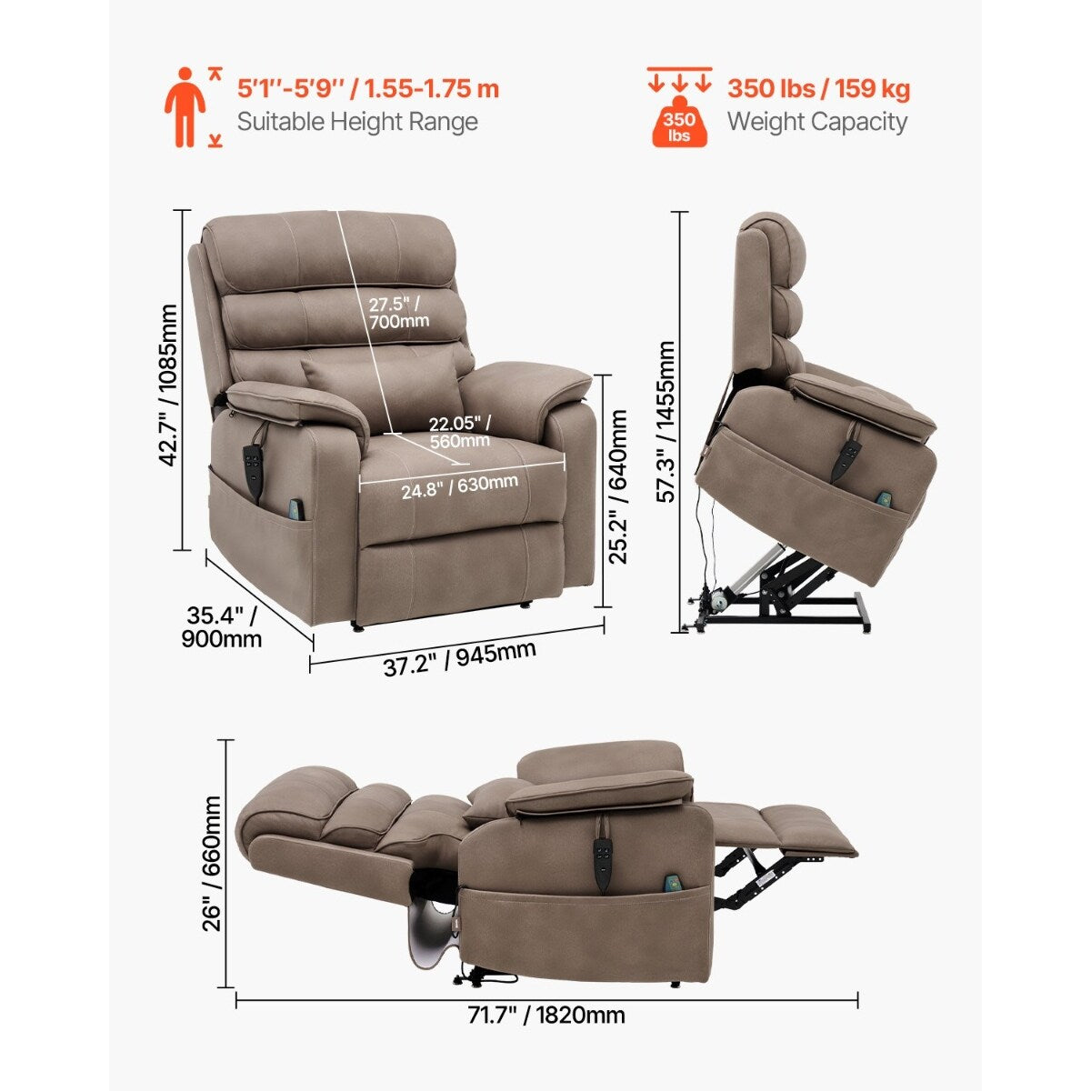 Fauteuil inclinable électrique en velours, double moteur, chauffage, massage et chargeur sans fil