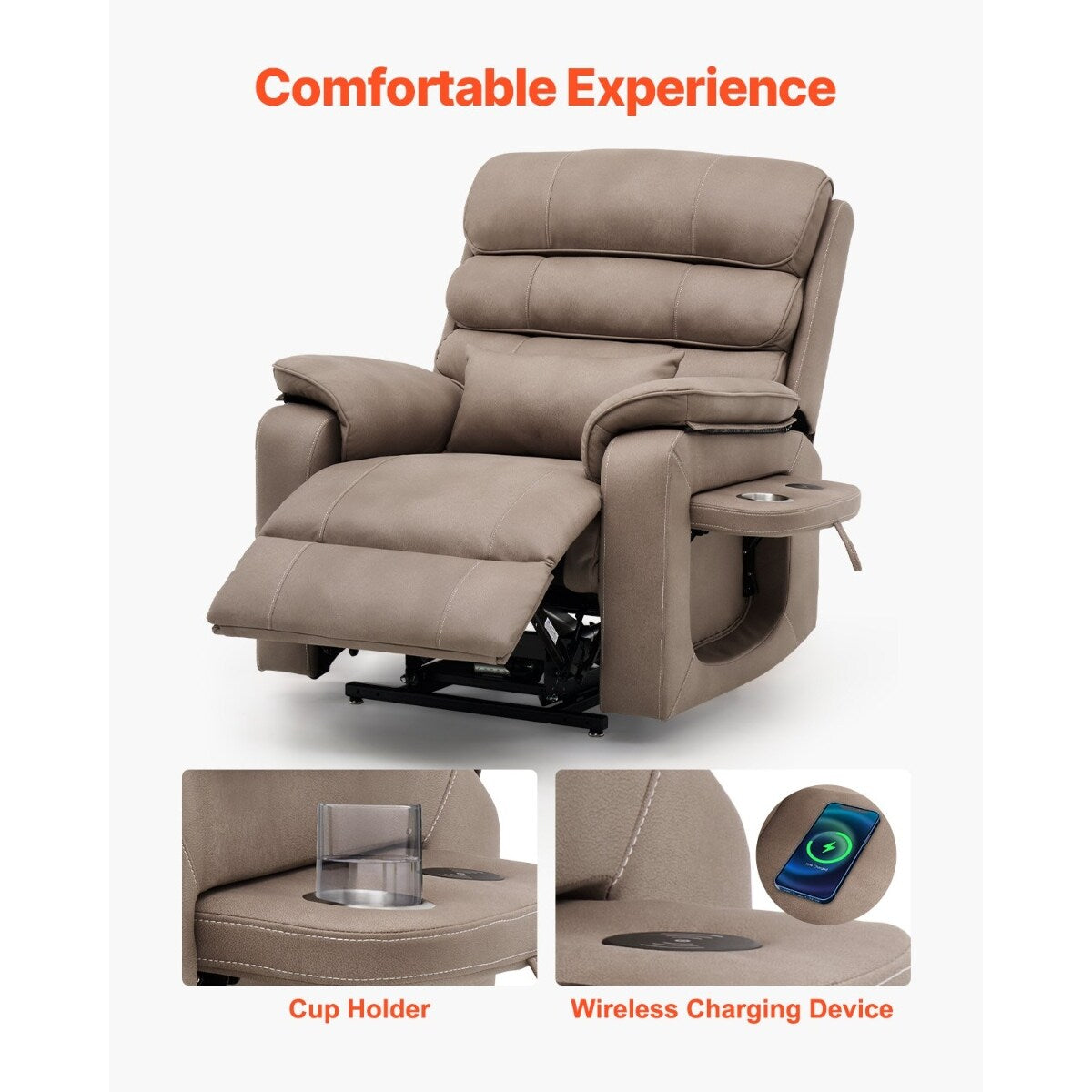 Fauteuil inclinable électrique en velours, double moteur, chauffage, massage et chargeur sans fil
