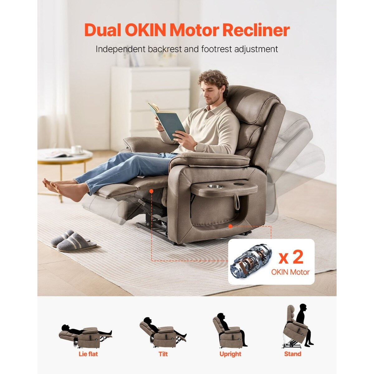 Fauteuil inclinable électrique en velours, double moteur, chauffage, massage et chargeur sans fil